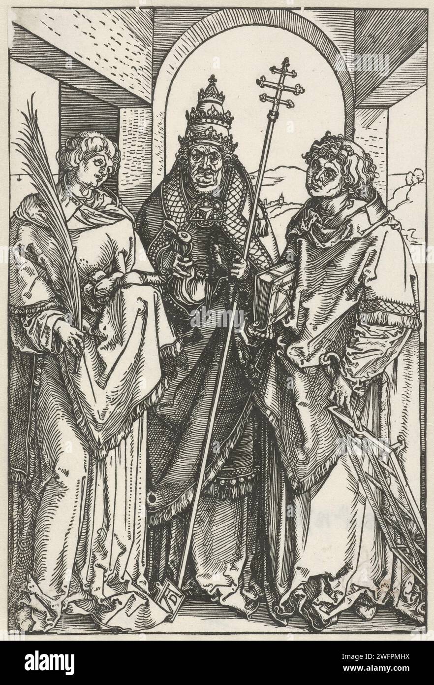 Saint Stefanus, Sixtus and Laurentius, Albrecht Dürer, 1504 - 1505 print Saint Stefanus, Sixtus and Laurentius stand side by side in a room with 3 windows, which shows a landscape with a village. Stefanus is wearing a palm branch and stones, Sixtus a tiara, a fair and a staff, Laurentius a book and a grid. Nuremberg paper  the martyr and deacon Laurence of Rome; possible attributes: book, censer, cross, dalmatic, gridiron, palm, purse (or cup with golden coins). the pope and martyr Sixtus II; possible attributes: money-bag, deacons Felicissimus and Agapitus, sword. the deacon and (proto)martyr Stock Photo
