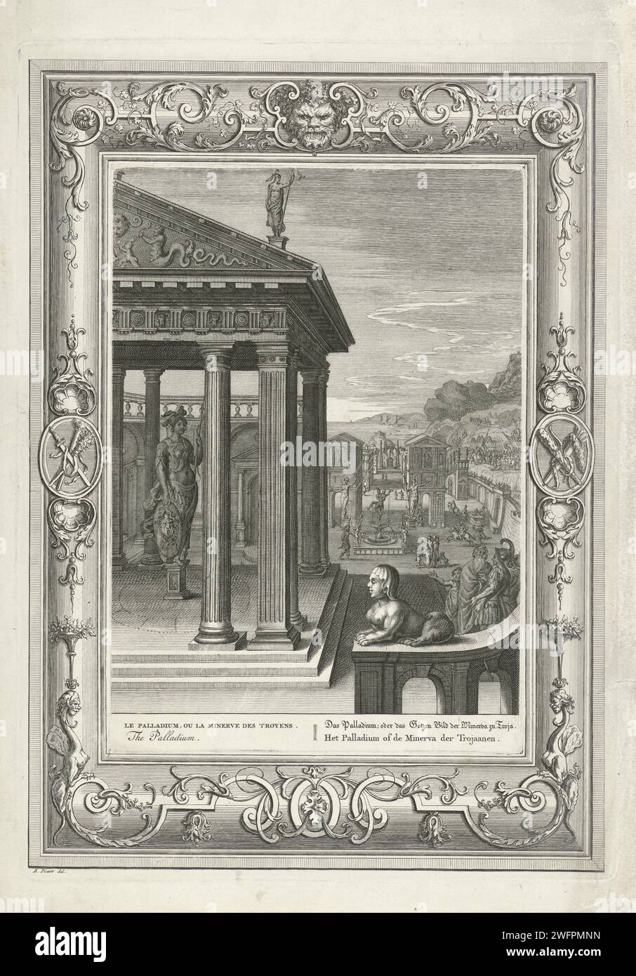 Tempel van Minerva te Troje, Bernard Picart (workshop of), after Bernard Picart, 1733 print In the foreground the temple with the Trojan cult image of Minerva (Palladium). In the background a face on the city. In the margin the title in French, English, German and Dutch. The performance is decorated with an ornamental edge. Amsterdam paper etching / engraving the Temple (in general)  Jewish religion. (story of) Minerva (Pallas, Athena). scrollwork, strapwork  ornament Stock Photo