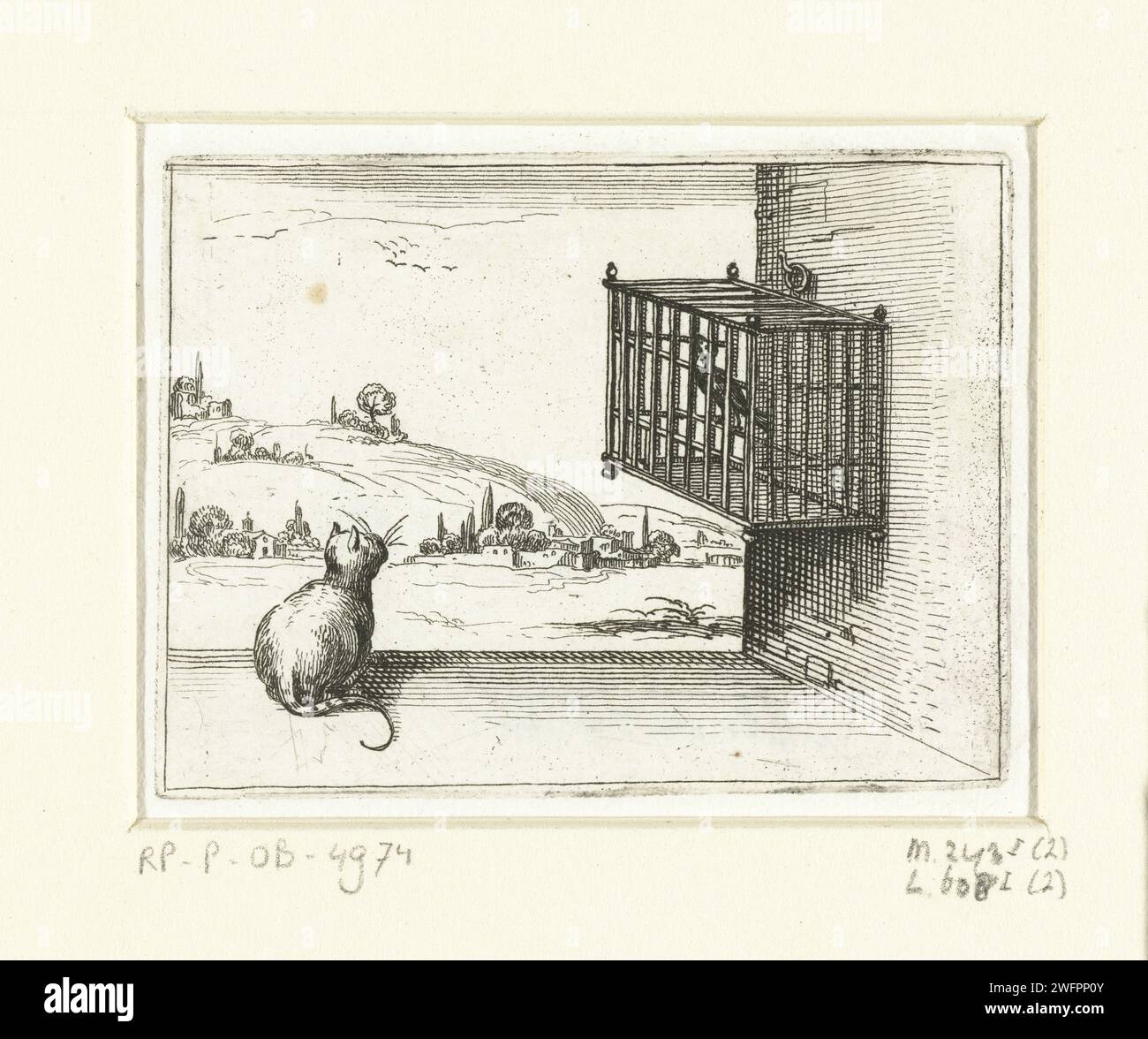 Kat in Gekooide Vogel, Jacques Callot, 1621 - 1635 print Presentation of a cat lurking to a bird in a cage. This magazine is part of the emblem series 'Monastic Life in Emblemen'. In addition to an illustrated title page and 26 emblems, the second state of this series is a title page and a magazine with assignment, both in book print without image. Nancy paper etching cat. bird in a cage Stock Photo
