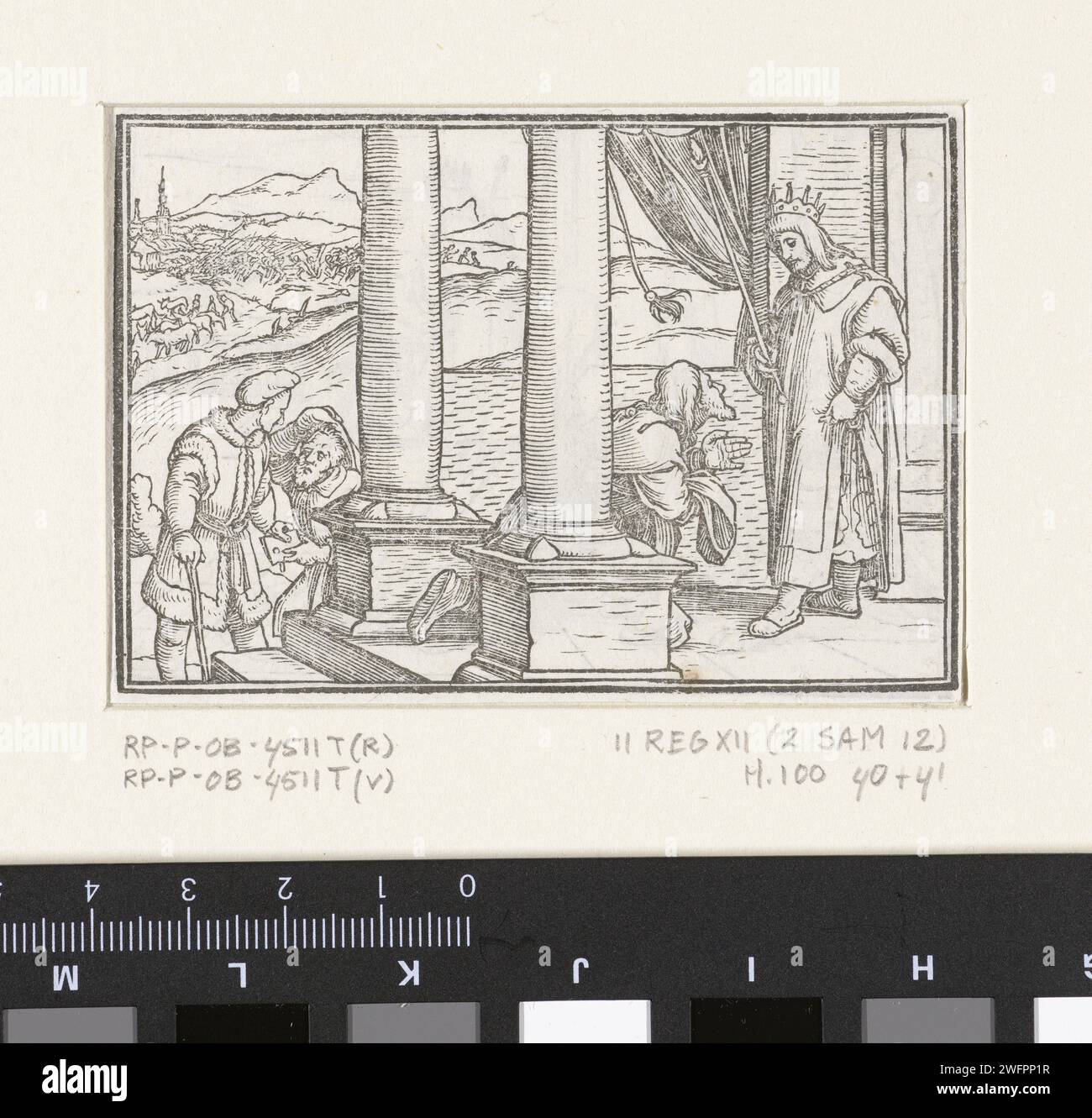 Natan points David to his sins, Hans Holbein (II), 1538 print The prophet Natan kneels for David and he points out the king on the sins he committed by killing Uria and conceiving a child at Batseba. In the margin above the image is the text II regvm XII [2 Samuel 12].  paper  David rebuked by Nathan Stock Photo