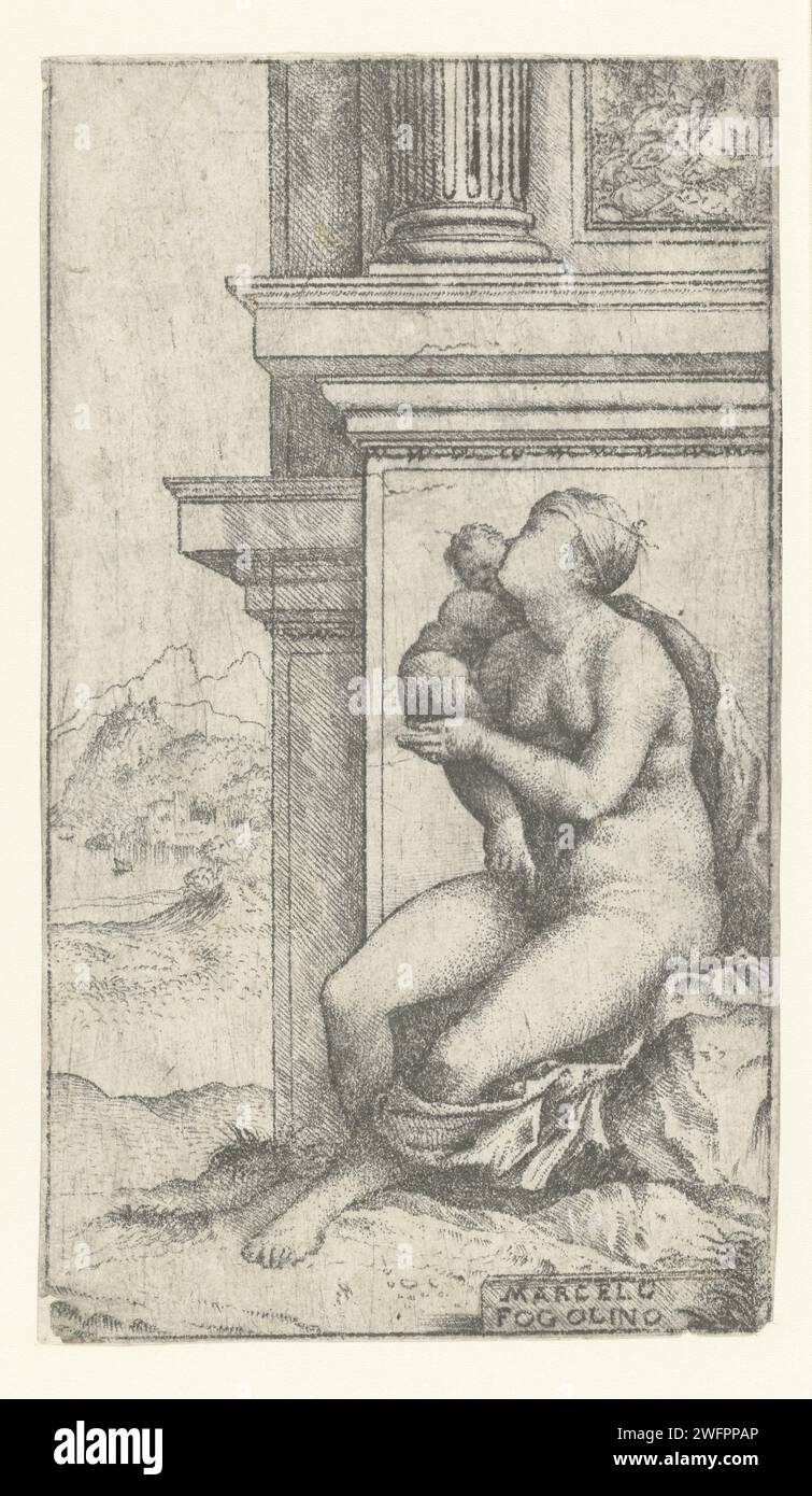 Woman with child is at a classic building, Marcello Fogolino, 1529 - 1533 print  Italy paper engraving mother and baby or young child Stock Photo