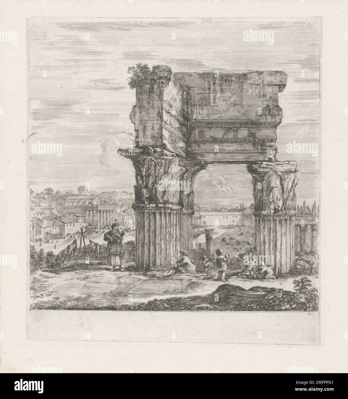 Temple of Vespasian and Titus on the Romanum forum, Stefano della Bella, 1620 - 1664 print View of the Romanum forum in Rome. In the foreground the remains of the temple of Vespasian and Titus (nowadays further dug out). Next to the ruins, a woman hangs hair to dry. Children and two women play around the ruin, one with baby. In the background on the left, including the temple of Antonino and Faustina and the Colosseum. Italy paper etching child. ruin of a building  architecture. mother and baby or young child. hanging the wash to dry Rome. Forum Romanum. Temple of Vespasian and Titus. Temple Stock Photo