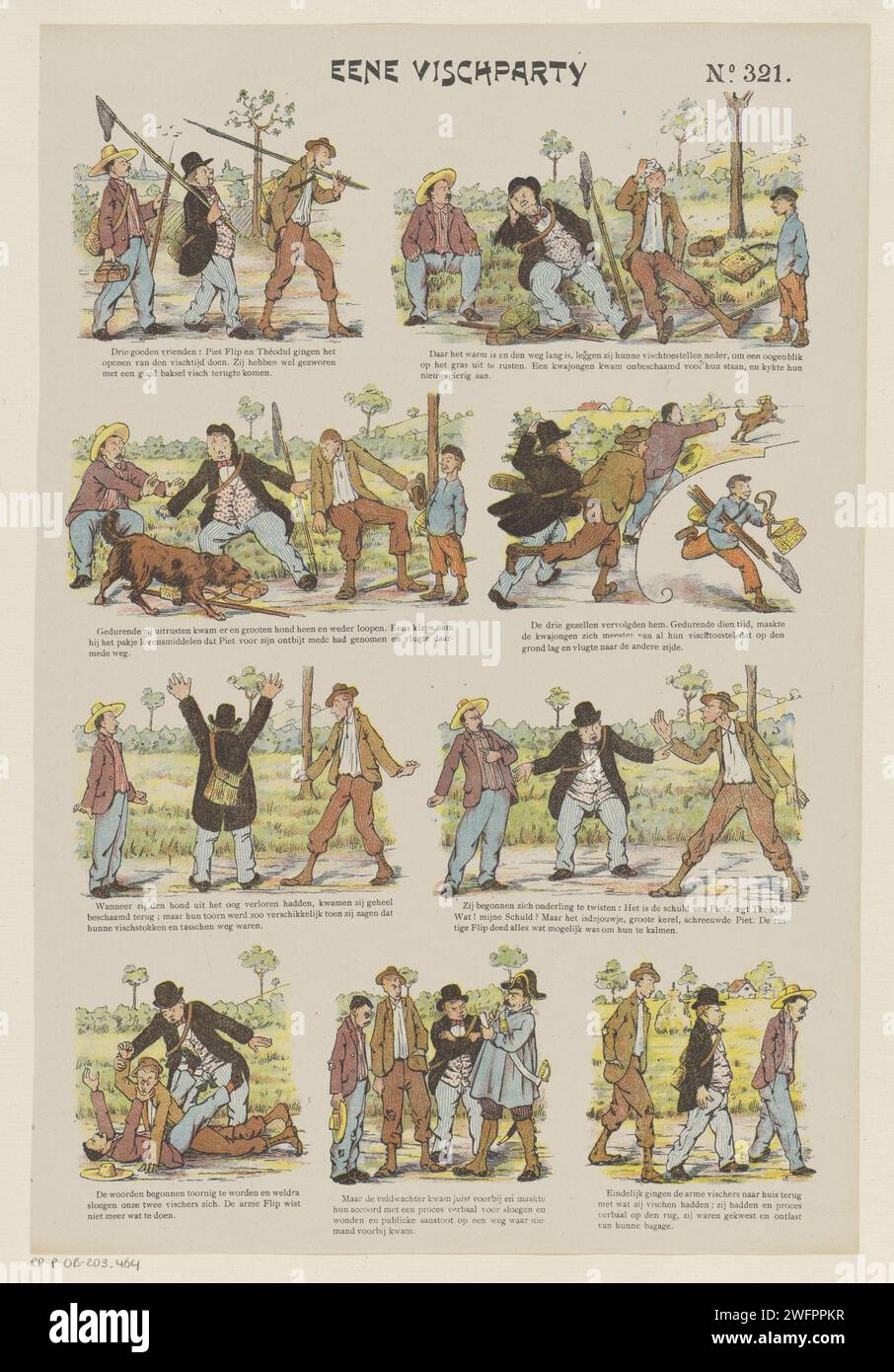 A Vischparty, 1894 - 1959 print Leaf with 9 performances about the three good friends, Piet, Flip and Théodul, who are robbed of their things on the way to the fish pond. A caption under each image. Numbered at the top right: No 321. Shutter paper letterpress printing friends. fishing (sports) (+ fishing equipment). quarrel, argument Stock Photo