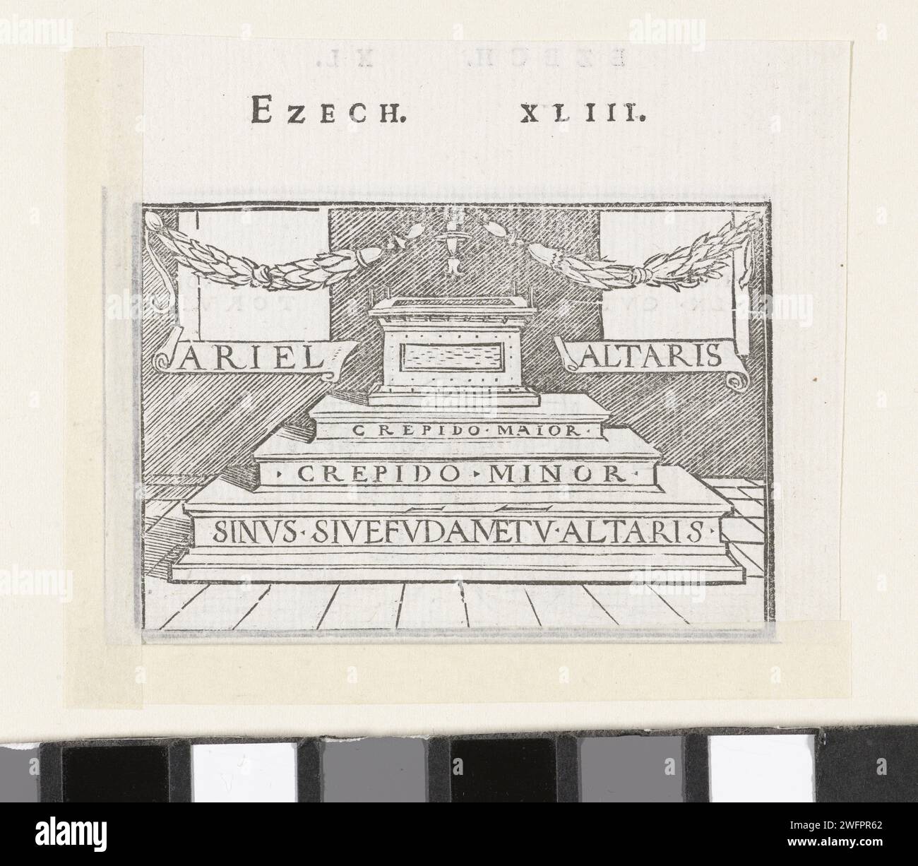 Altar in the new temple in vision of Ezekiel, Hans Holbein (II), 1538 print Altar in the new temple according to the instructions of God as Ezekiel gets to see it in a vision. Latin text is on the steps of the stage to the altar. In the margin above the image is the text Ezek. XLIII.  paper  the Lord's ordinances of the altar  Ezekiel's vision of the new temple Stock Photo