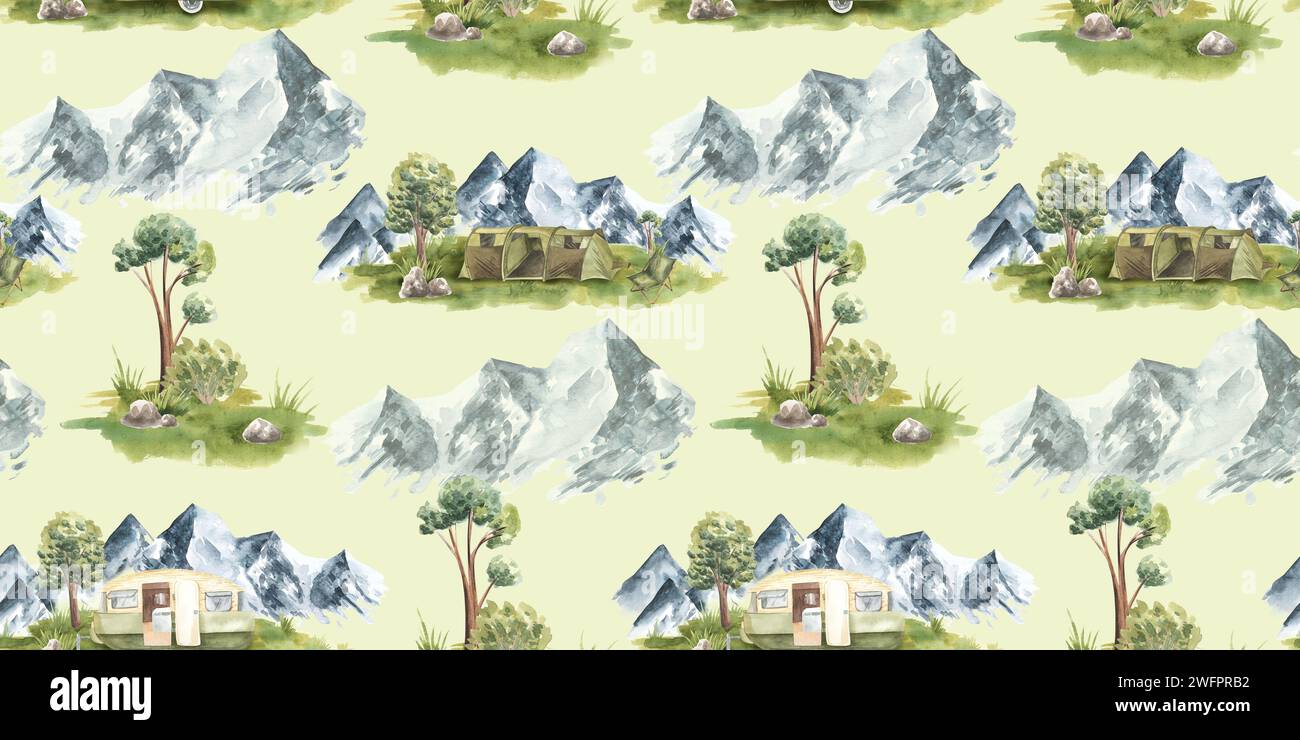 Seamless pattern of a camping in the woods .Tent,trailer, trees, plants ...