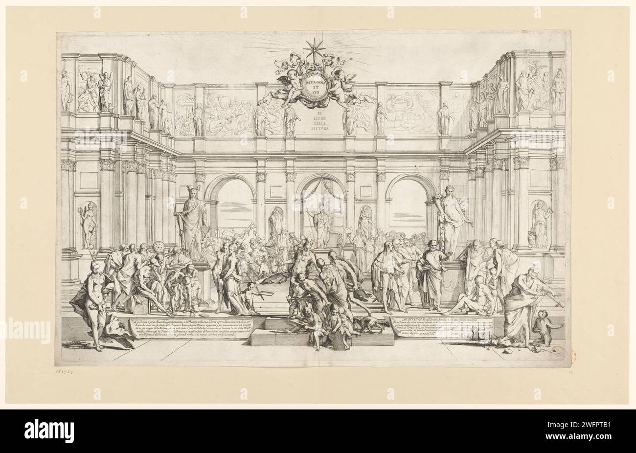 Academy of Painting, Pietro Testa, 1621 - 1650 print View of a courtyard with three groups of artists who represent imitation, observation and perfection. The artists appear for scientists. On the far left is the personification of the theory. On the far right is the personification of the practice with a monkey, symbol for the IM Itation. She blindly grabs away from the performance. There are different sculptures between the figures. Left and bottom right papers with text. In the middle of two putti that wear a medallion with text: 'Intelligenza et uzo'. Italy paper etching academy, associati Stock Photo