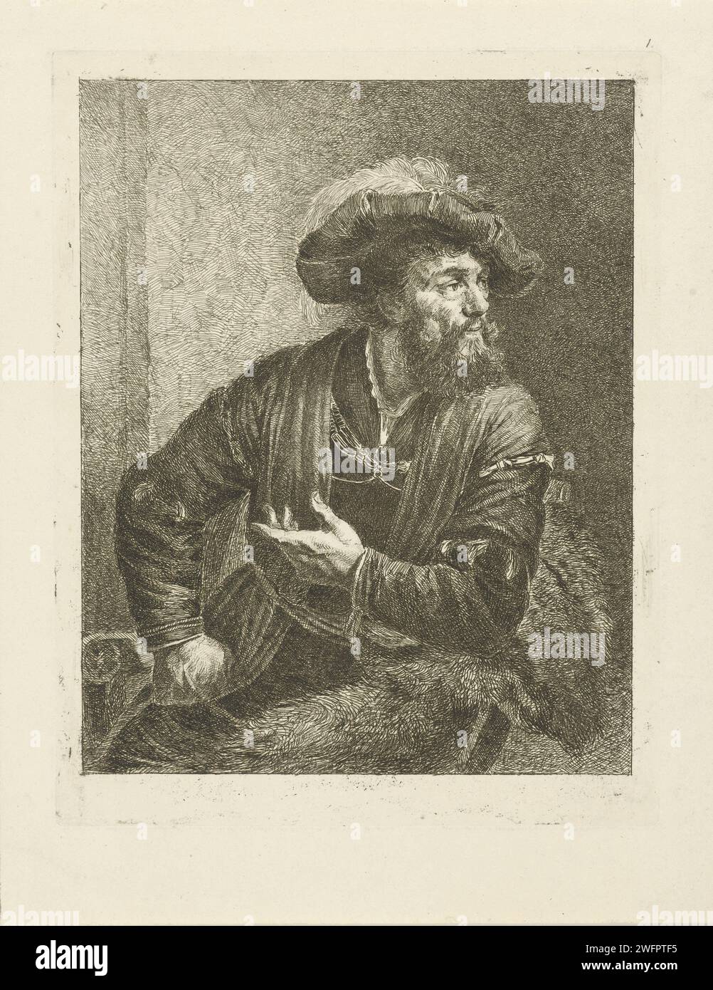 Portrait of unknown man with feathered beret, Johannes Pieter de Frey, after Willem Drost, 1796 print Portrait of an unknown man with beard. Hippiece, sitting to the right turned in a chair. The head is displayed in three -quarters and adorned with a feathered beret. The judge elbow supports the Stoelleuning.  paper etching head-gear (+ feathers used for clothes) Stock Photo