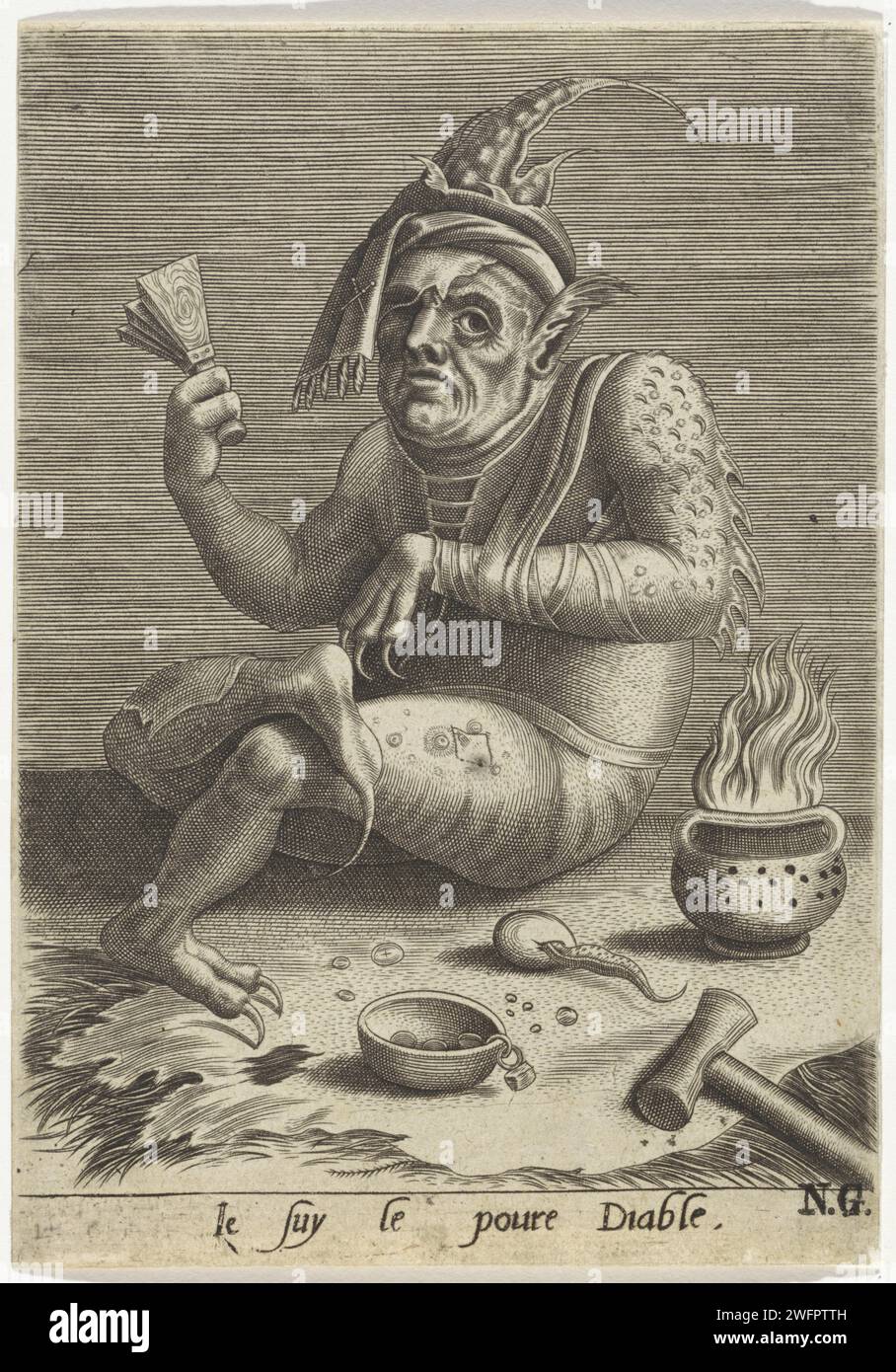 Leprosy Macker in the form of the Devil, Anonymous, After Jheronimus Bosch, 1474 - 1566 print The leprosy beer is depicted with claws like the devil. He has his attributes: the Klepper, begging nap with coins, pilgrim staff and the shape cloth with the pilgrim signs of Santiago de Compostella. For the figure, a viper crawls from an egg (adder brood) and next to him a burning fire test. His skin shows a scaly rash with pimples and purulent wounds. His left arm rests in a sling. print maker: Netherlandsafter design by: Den Bosch paper engraving beggar. leprosy. leper's rattle. devil(s) and demon Stock Photo