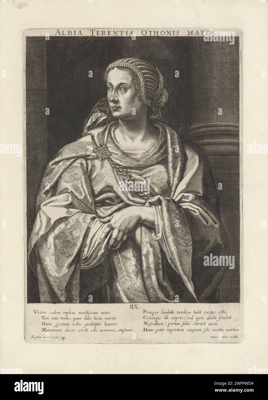 Portret van Terence Albia, Giles Sadeler (2), after Titiaan, 1624 - 1650 print Terence Albia, Moeder van Keizer Otto. print maker: Praagpublisher: Venice paper engraving Stock Photo