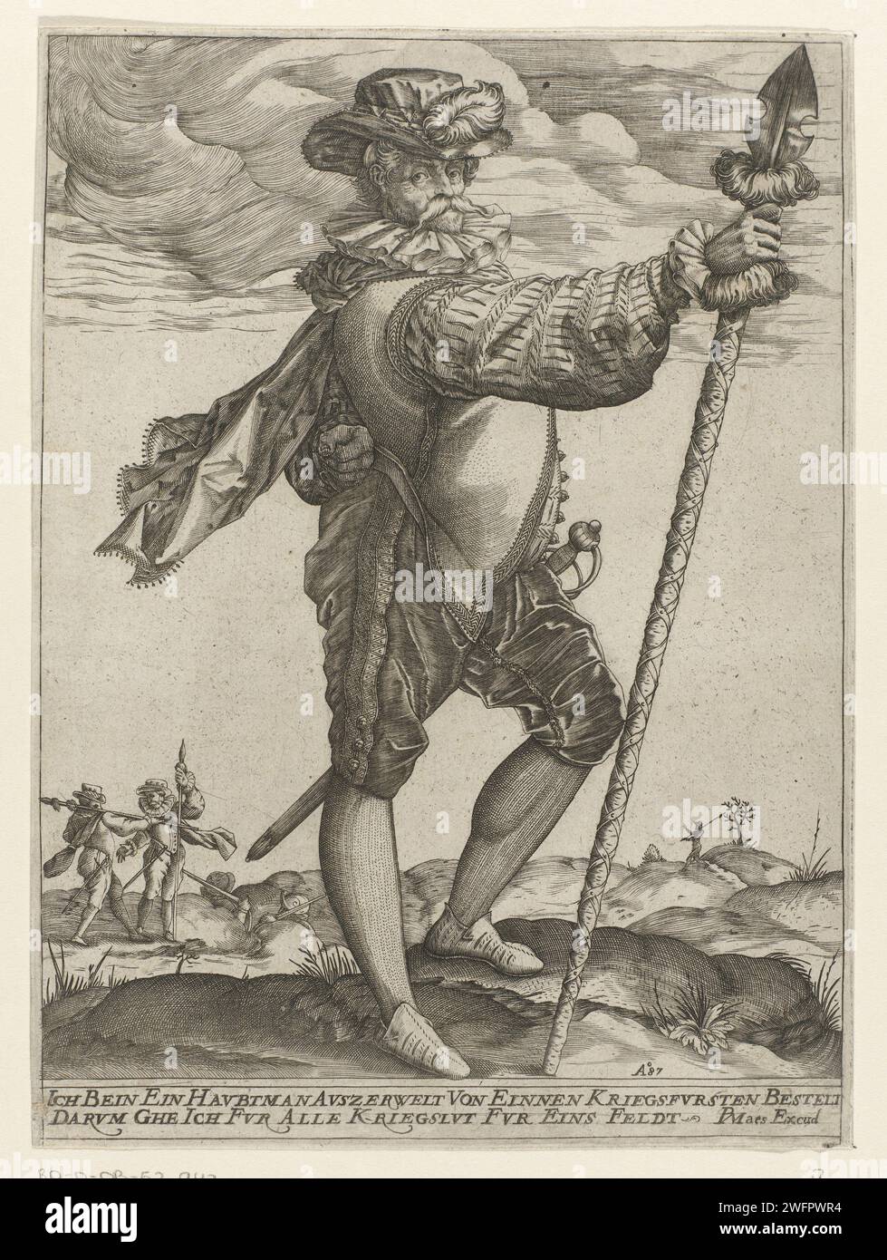 Officier met lans, Pieter Maes, after Hendrick Goltzius, 1587 print An officer with a stab weapon (partizan) in the right hand in a landscape. In the background infantry groups. Under the show two lines of text in German. Cologne paper engraving helved weapons, polearms (for striking, hacking, thrusting): lance Stock Photo