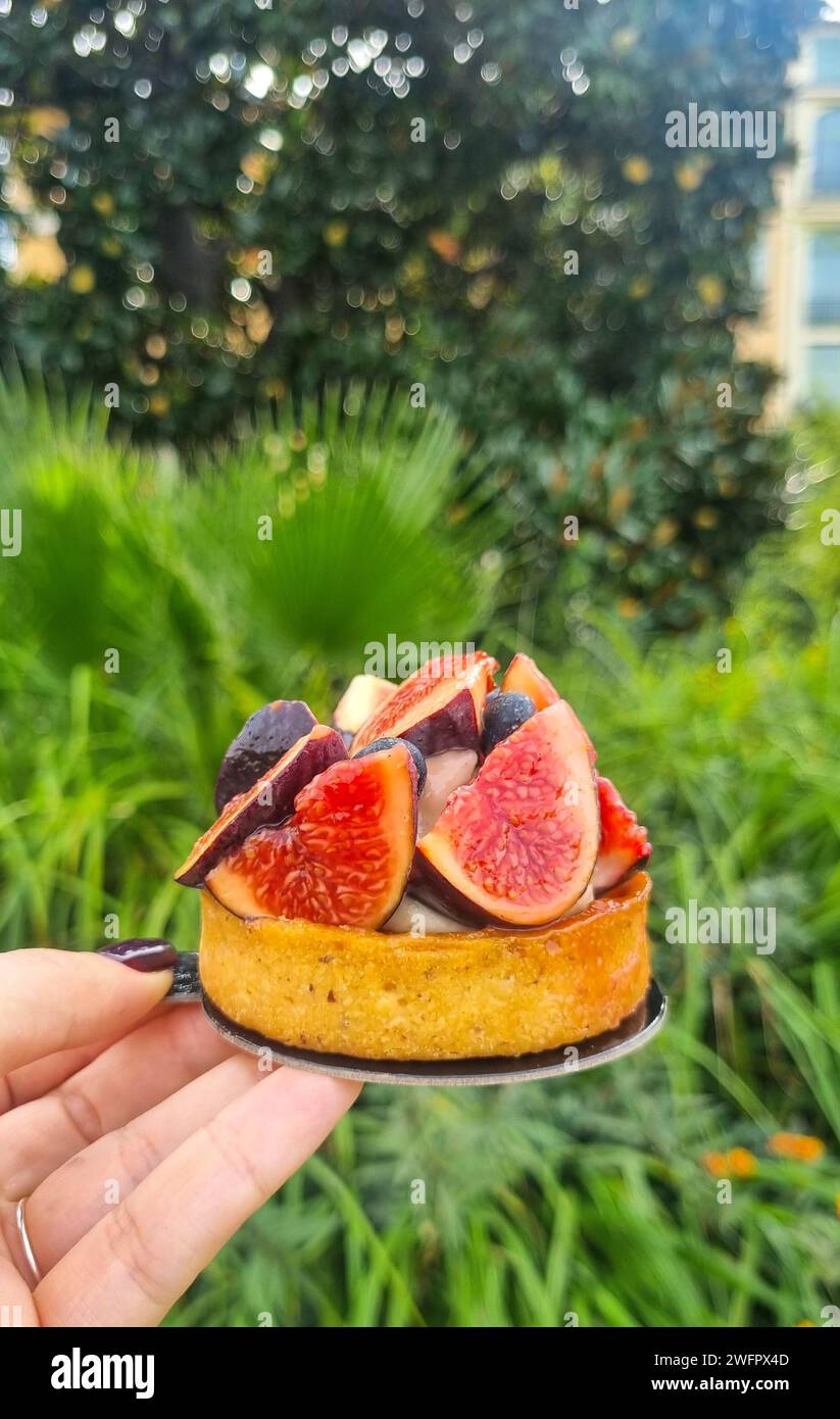 A person holding fruit-topped tart against lush greenery Stock Photo