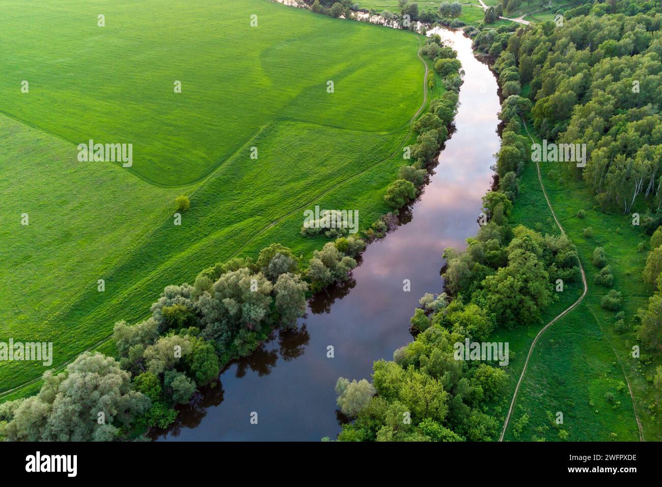 View from a drone of a river flowing among lush green fields Stock ...