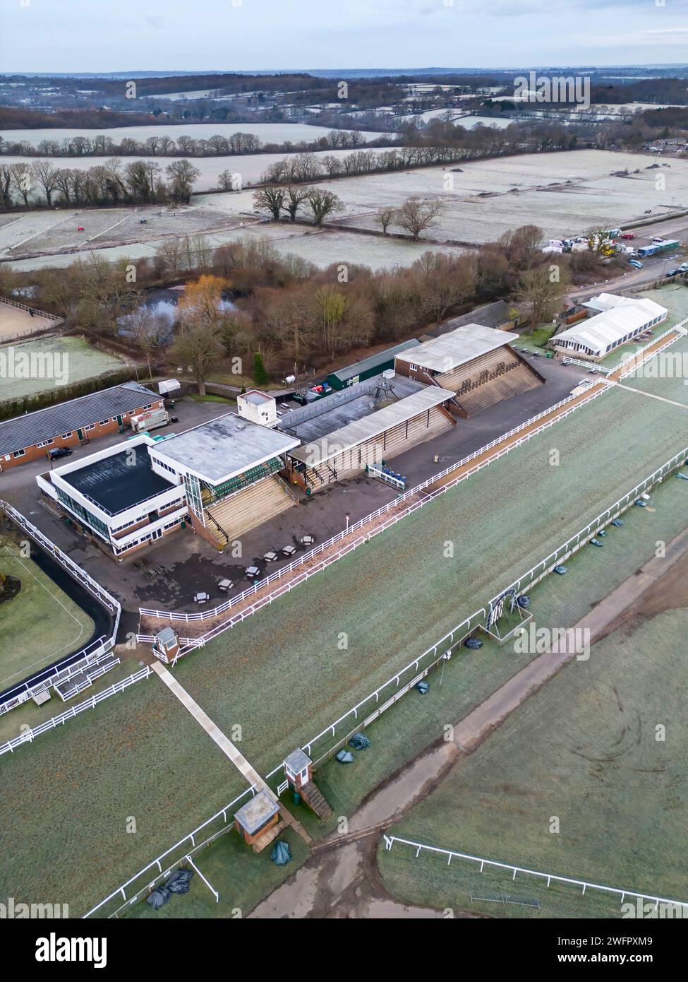 aerial view of the national hunt racecourse over hurdles in Plumpton East sussex Stock Photo