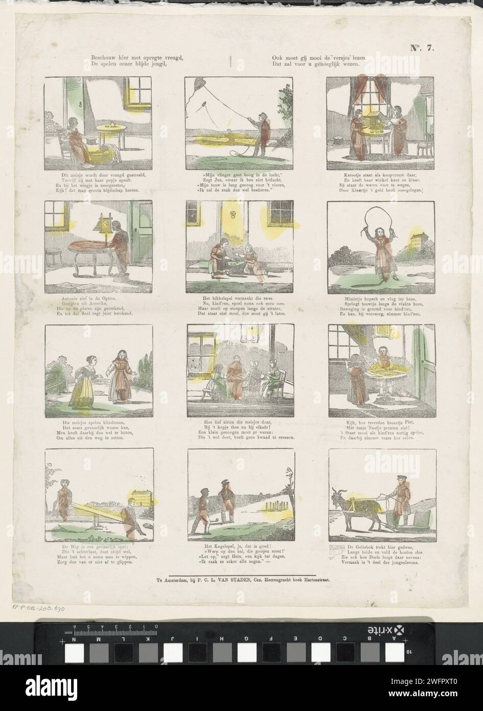 Consider here with a rule of joy, / the playing a happy youth, / also you have to read the verses nicely. / That will be a pleasant being for you, 1850 - 1870 print Leaf with 12 performances of children's games and activities, such as kites, jump rope and blind man. A four -line verse under each image. Numbered at the top right: No. 7. publisher: Amsterdamprint maker: Netherlands paper letterpress printing children's games and plays. seesaw. blind-man's buff. (flying a) kite. jumping-rope games Stock Photo