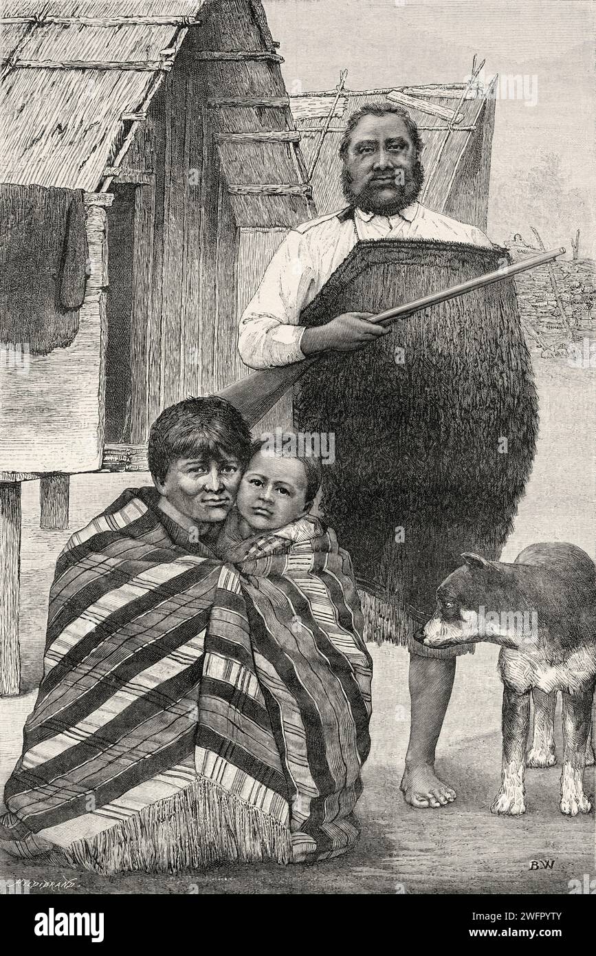 Maori family, New Zealand. Trip to New Zealand 1889 by Gerrit Verschuur (1840-1906) Stock Photo
