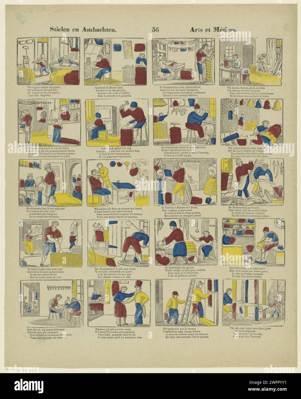 Stealing an ambusts / arts it métiers, 1833 - 1911 print Leaf with 20 performances of craftsmen and professions, such as paper maker, copper bearing, barber and painter. Under each image a two -way verse in Dutch or in French. Numbered in the middle: 36. Turnwood paper letterpress printing crafts and industries. craft-production, skilled handiwork. pharmacist, druggist, apothecary; pharmacy, drugstore, dispensing chemist. potter, ceramist. painter at work, in his studio - CC - out of doors. shoe-maker, cobbler Stock Photo