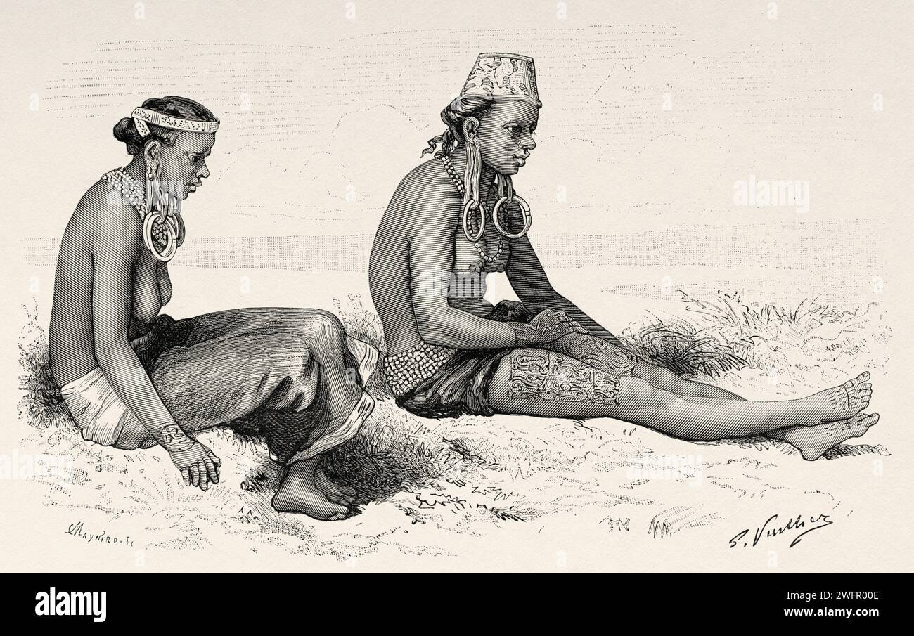 Dayak tring women, Kalimantan. Borneo Island, Indonesia. From Koutei to Banjarmasin, a journey through Borneo by Carl Bock (1849 - 1932) Stock Photo