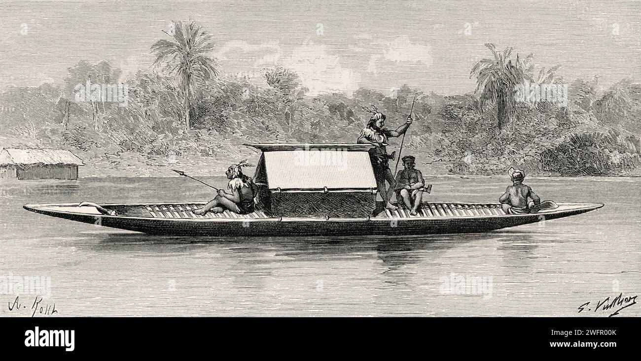 Indigenous Dayaks in a traditional boat, Kalimantan. Borneo Island, Indonesia. From Koutei to Banjarmasin, a journey through Borneo by Carl Bock (1849 - 1932) Stock Photo