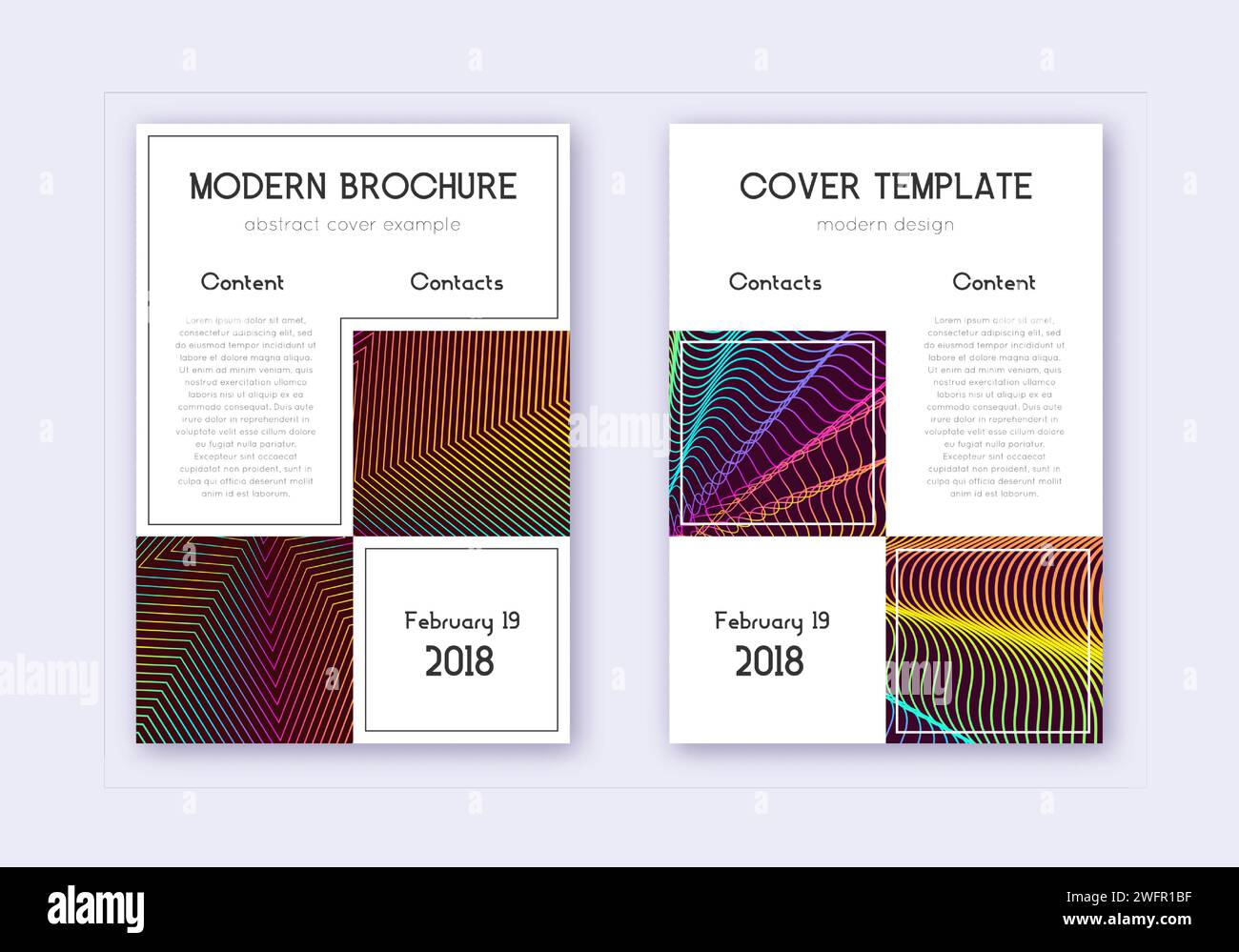 Business cover design template set. Rainbow abstract lines on wine red
