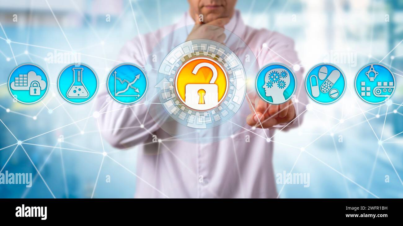 Pensive unrecognizable scientist in pharmaceutical industry is safeguarding drug quality via technology. Concept for good manufacturing practice, GMP Stock Photo