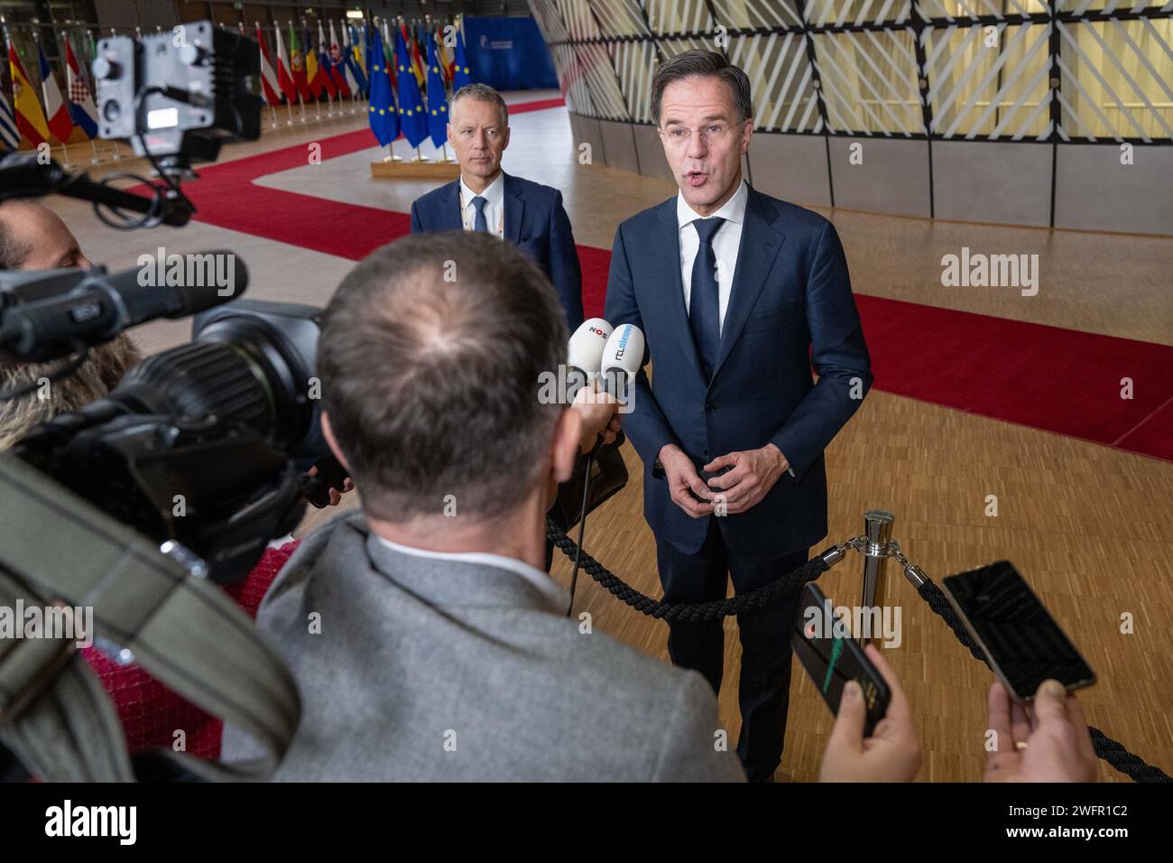 BRUSSELS - Outgoing Prime Minister Mark Rutte arrives for a new EU summit on the new budget. Discussions include billions in support for Ukraine, which the leaders did not agree on during the previous summit. ANP JONAS ROOSENS netherlands out - belgium out Stock Photo