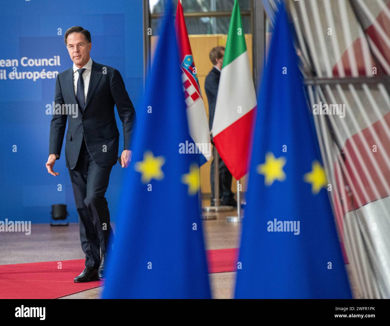 BRUSSELS - Outgoing Prime Minister Mark Rutte arrives for a new EU summit on the new budget. Discussions include billions in support for Ukraine, which the leaders did not agree on during the previous summit. ANP JONAS ROOSENS netherlands out - belgium out Stock Photo