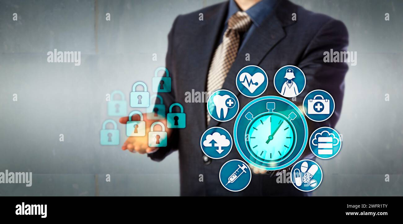 Unrecognizable data analyst capturing near real time data in the healthcare and medical sector. Health care technology concept for enterprise data war Stock Photo