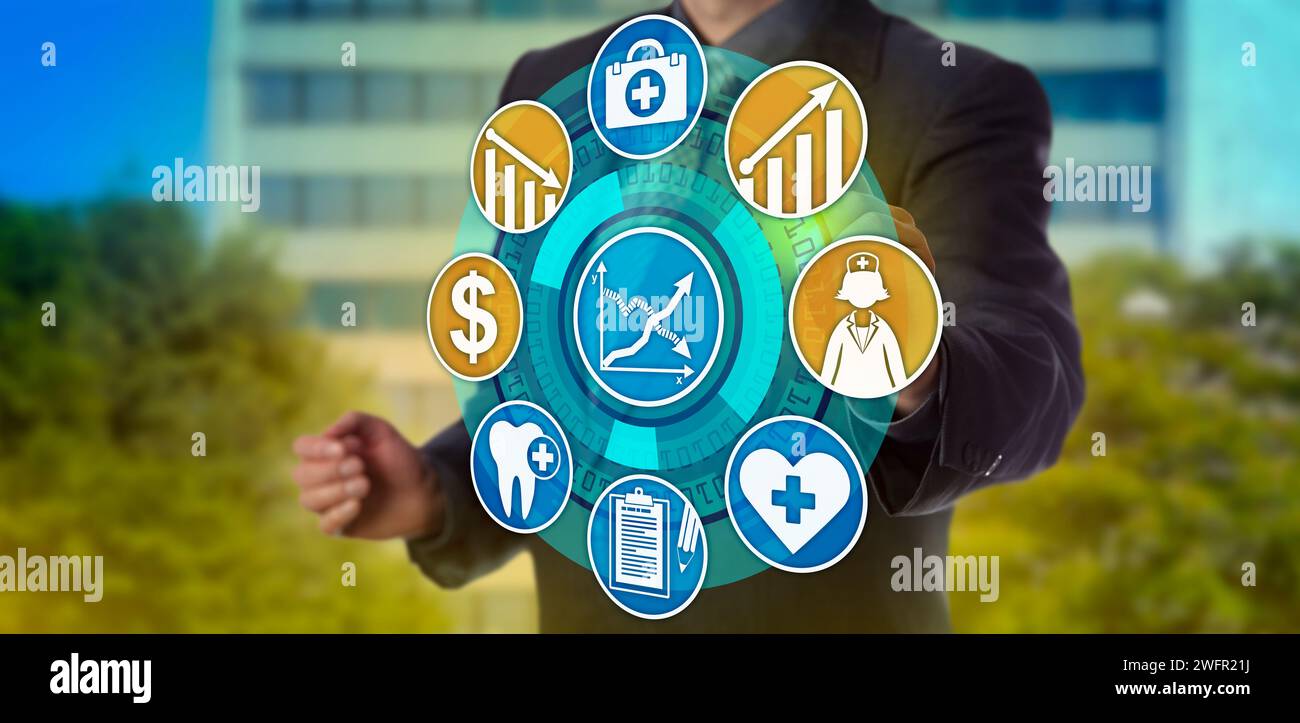 Unrecognizable healthcare administrator activating icons for higher quality care and lower expenses. Information technology concept for improvement of Stock Photo
