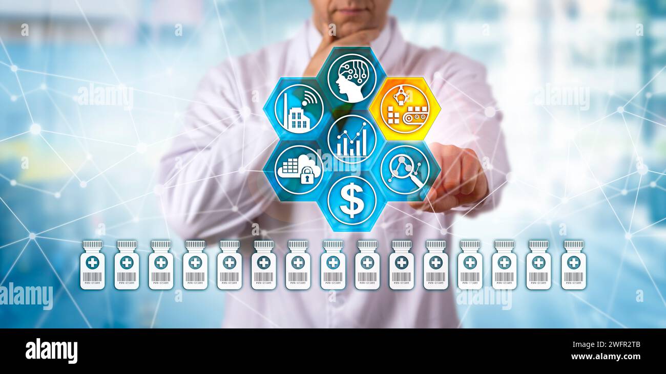 Unrecognizable male clinician is pondering lean manufacturing of a pharmaceutical product. Concept for serialization, end-to-end visibility, connectiv Stock Photo