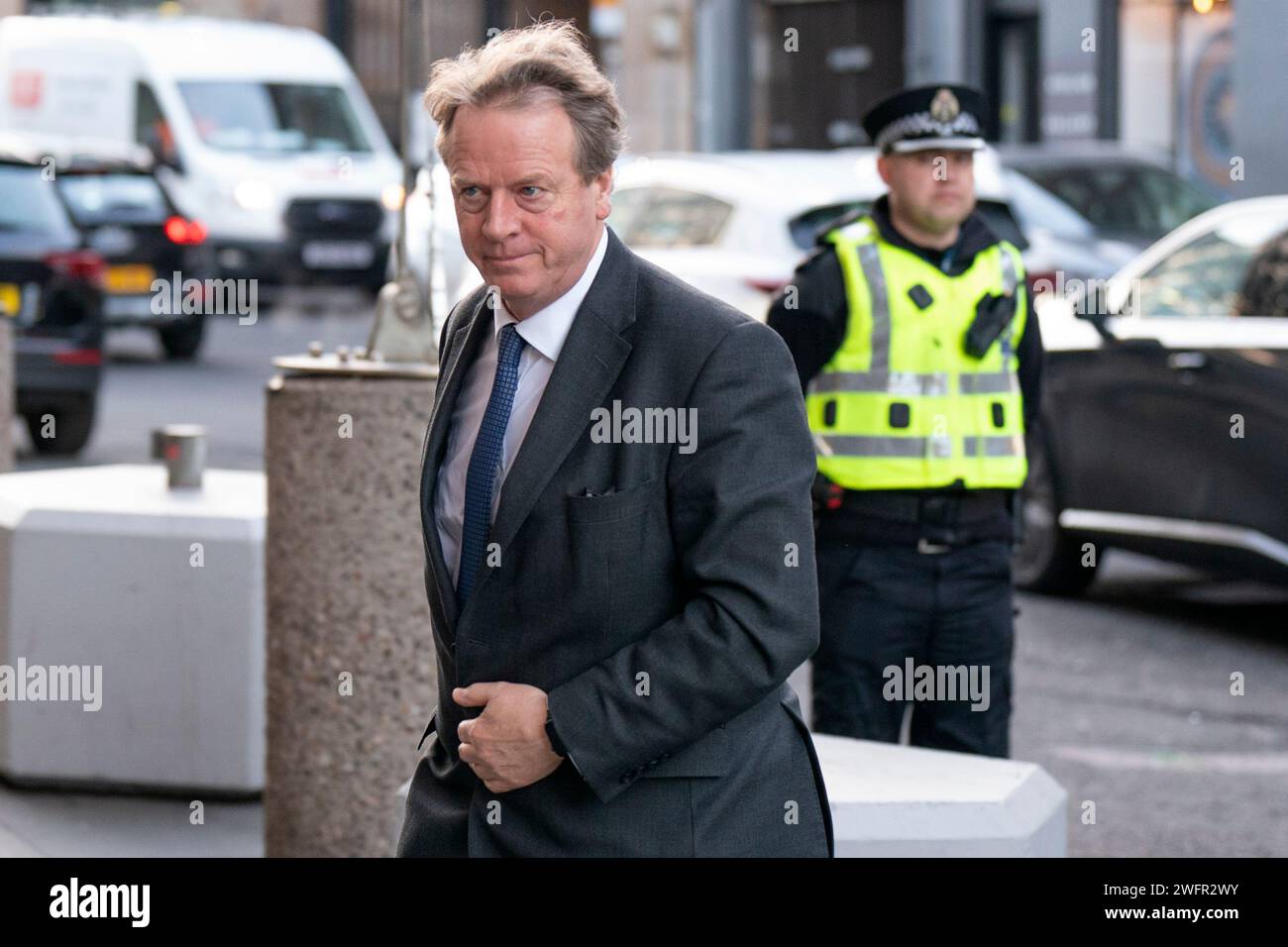 Scottish Secretary Alister Jack arrives at the UK Covid-19 Inquiry hearing at the Edinburgh International Conference Centre (EICC). The hearing is examining core UK decision-making and political governance in Scotland. Picture date: Thursday February 1, 2024. Stock Photo