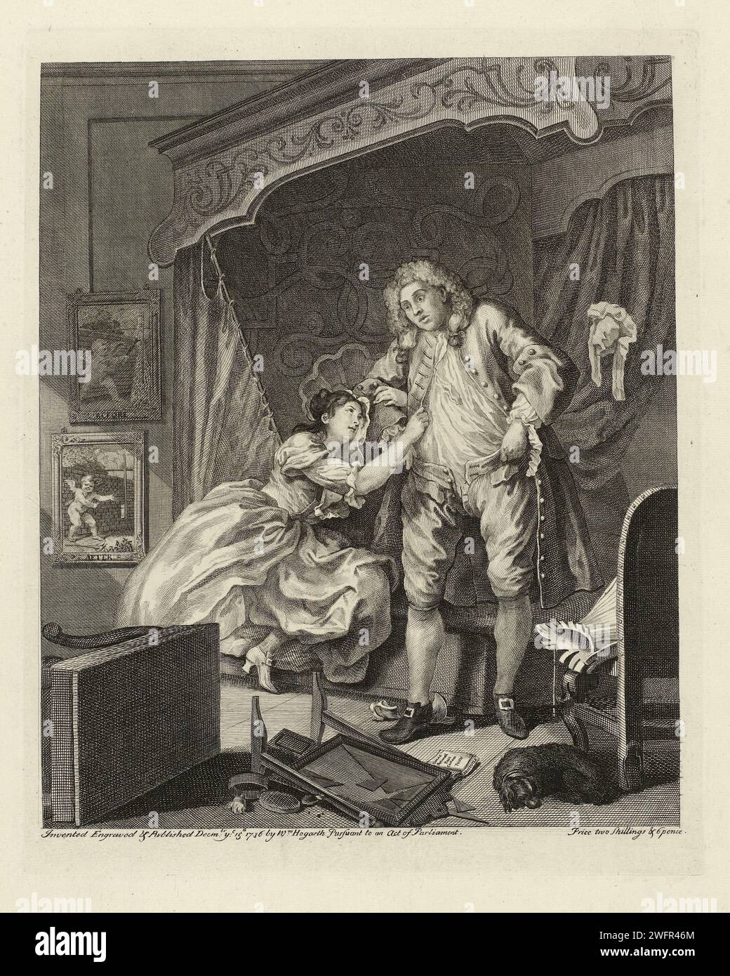 Woman hangs on the arm of a man in a bedroom, William Hogarth, 1736 print The painting with 'Before' falls into the shadow of the bed. In the list, Cupido points to a rocket that falls down. The tract by Aristotle that lies on the floor refers to the Aforism 'Omne Animal Post Coitum Tristen', which refers to the depression that the man radiates. The woman is still in bed and clings to the man's arm.  paper etching / engraving one-sided courting; pursuit; difficult choice Stock Photo