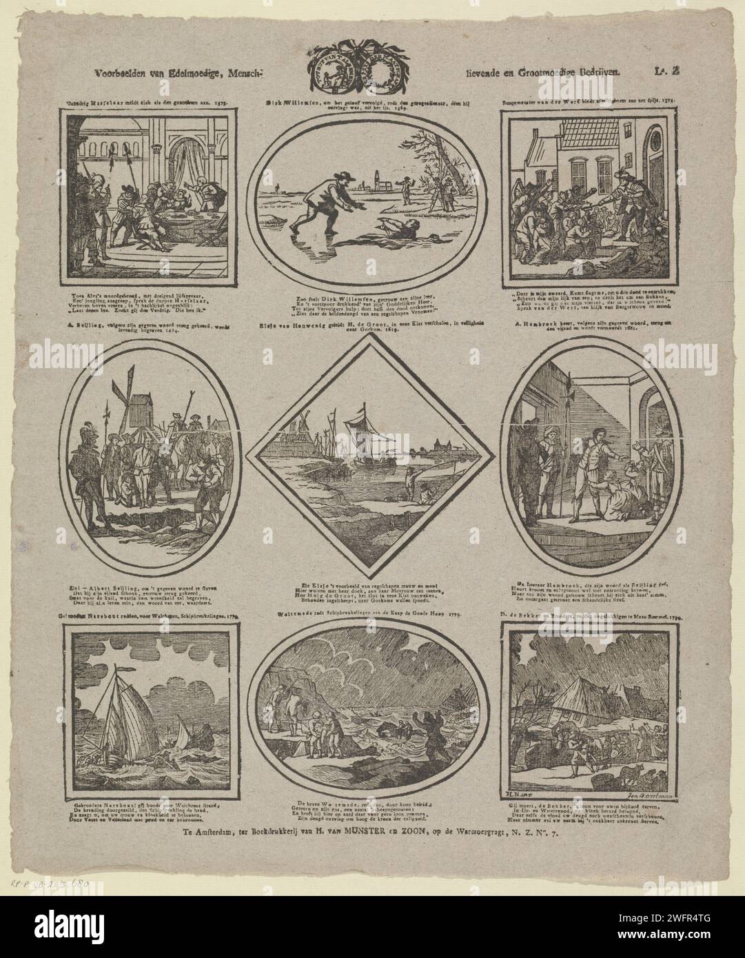 Examples of generous, man- / loving and grand companies, 1811 - 1829 print Leaf with 9 performances of deeds of people from Dutch history who testify to generosity. Performances in whole or largely taken over from old prints. In the middle of the seal of society for the use of general. Above each image a title, under each image a four -line verse. Numbered at the top right: L.Z. print maker: Netherlandsprint maker: Netherlandsafter design by: Amsterdamafter design by: Amsterdampublisher: Amsterdam paper letterpress printing Unselfishness (+ situation or event (especially in genre-painting) wit Stock Photo