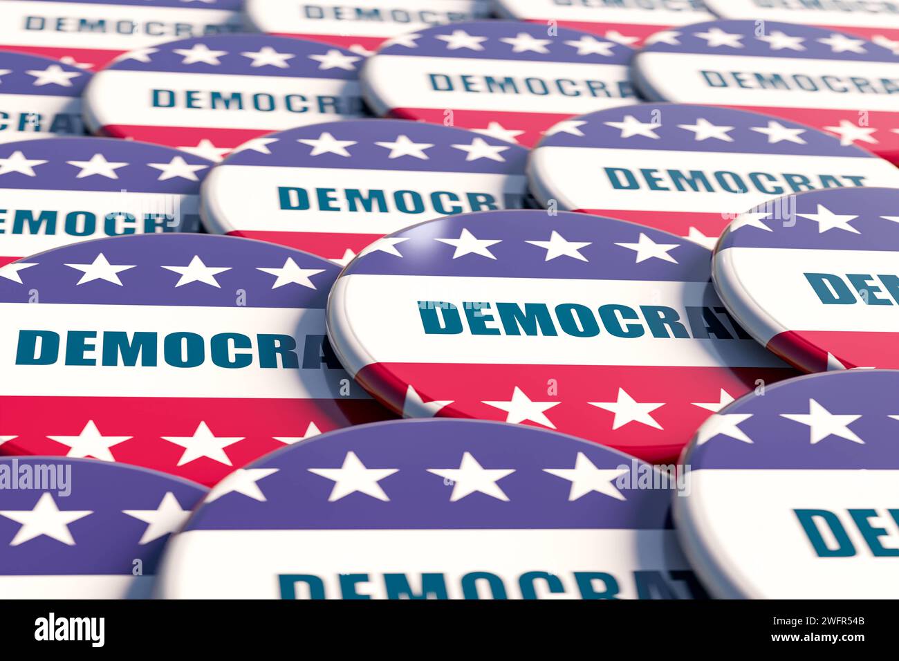 Close-up US democrat campaign badges. Democrats badges for US election. Politics, campaign buttons, presidential election, democratic party, politics and elections. 3D illustration. election usa22s01 badge democrat Stock Photo