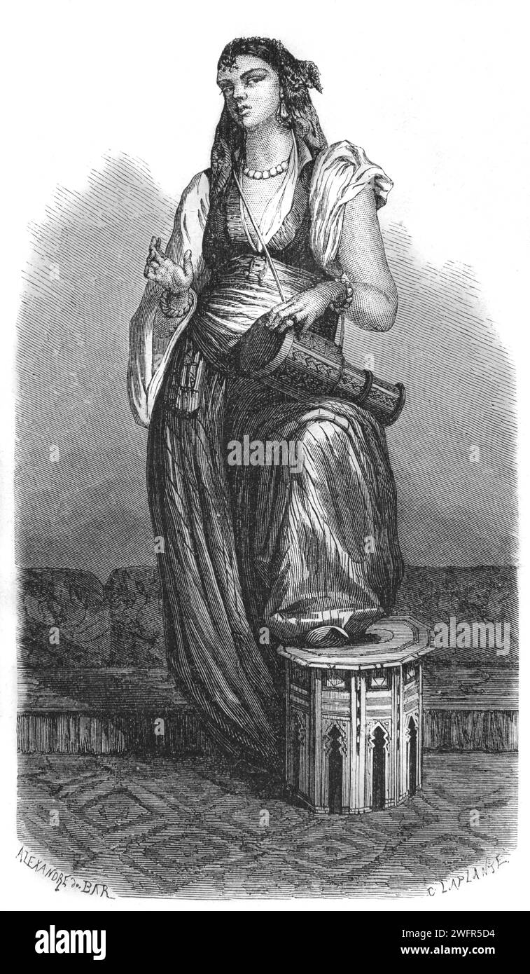 Egyptian Girl, Woman or Female Musician Playing a Tarabouk, Goblet Drum, Tabla or Darbuka Egypt. Vintage or Historic Engraving or Illustration 1863 Stock Photo