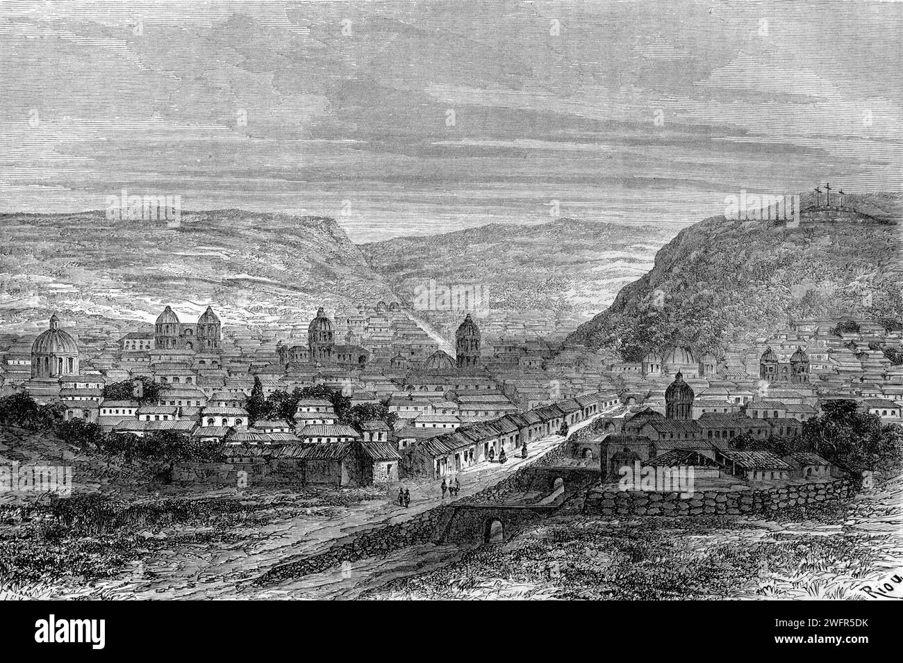 Early View, Panorama or Panoramic View of Cuzco or Cusco, Peru. Vintage or Historic Engraving or Illustration 1863 Stock Photo