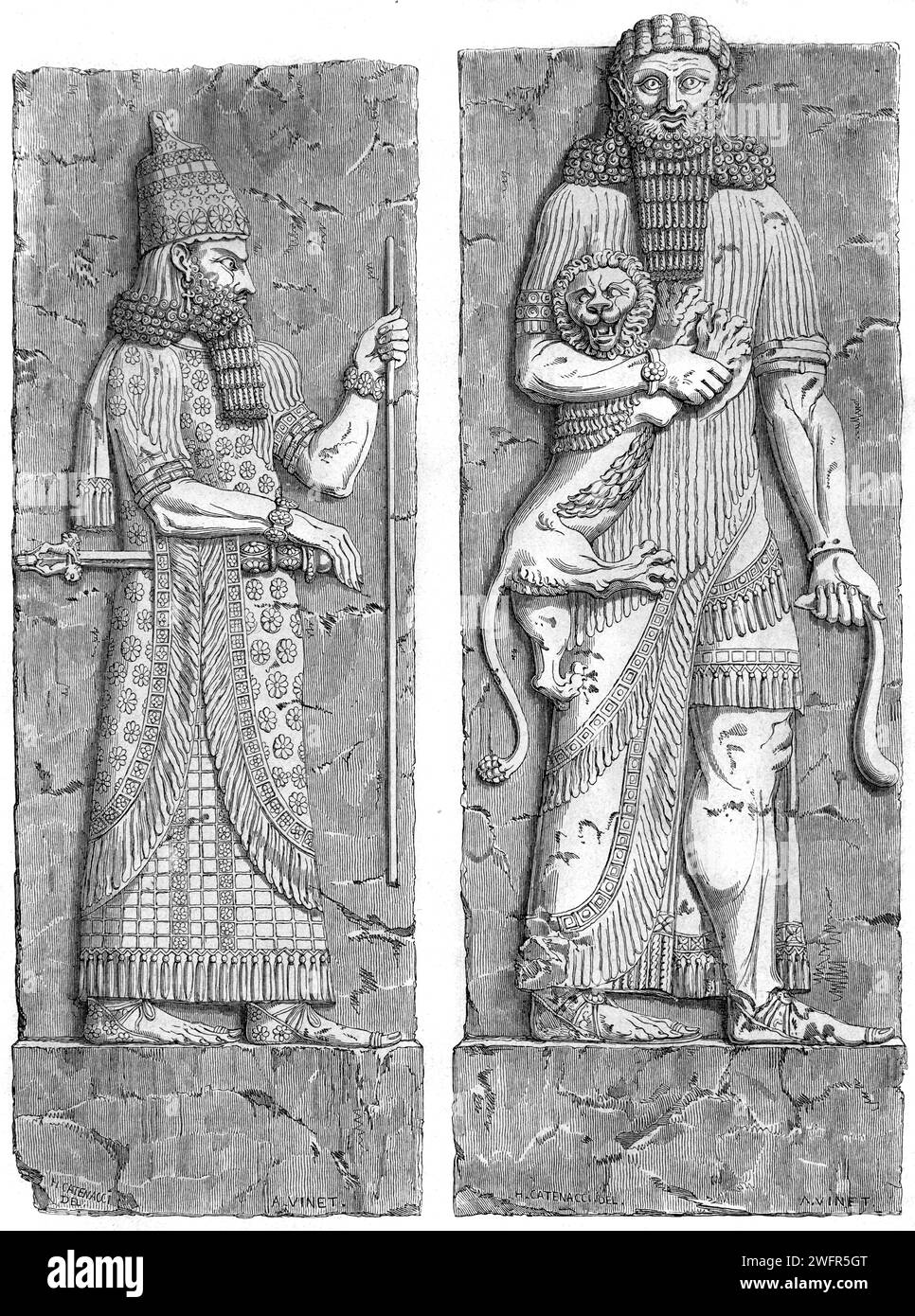 Assyrian Relief, Bas Relief or Stone Carving of Royal Effigy, or Assyrian King, & Assyrian Hercules from Dur-Sharrukin, present day Khorsabad in northern Iraq. Vintage or Historic Engraving or Illustration 1863 Stock Photo