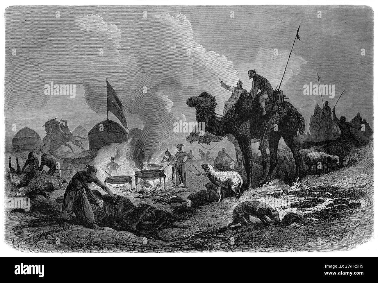 Funeral Preparations including a Communal Feast in the Desert Among the Kirghiz, Kyrgyz or Kyrgyzstanis, Kyrgystan or Kyrgyz Republic. Vintage or Historic Engraving or Illustration 1863 Stock Photo