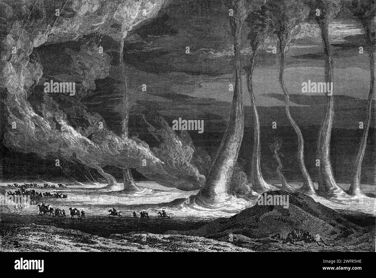 Whirlwinds, Tornados, Twisters and Dust Storm, Sandstorm or Sandstorms on the Steppe, Steppeland or Deserts of Central Asia. Vintage or Historic Engraving or Illustration 1863 Stock Photo