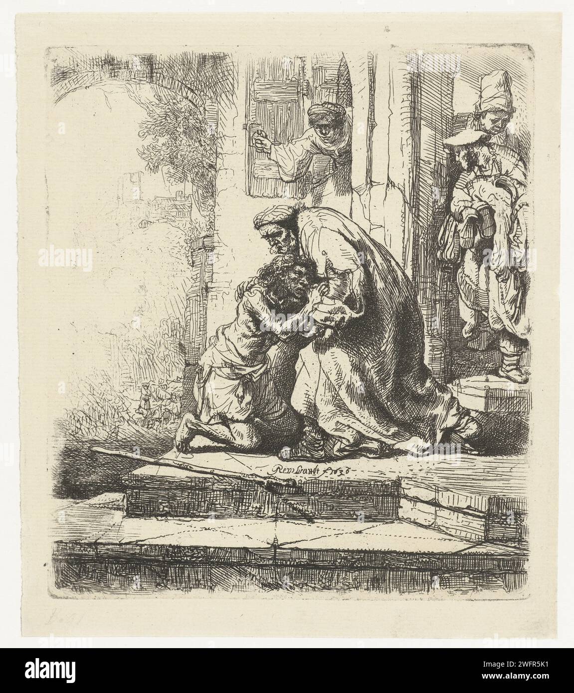 The Return of the Prodigal Son, Rembrandt van Rijn, 1850 - 1906 print   paper etching the parable of the prodigal son (Luke 15:11-32) Stock Photo