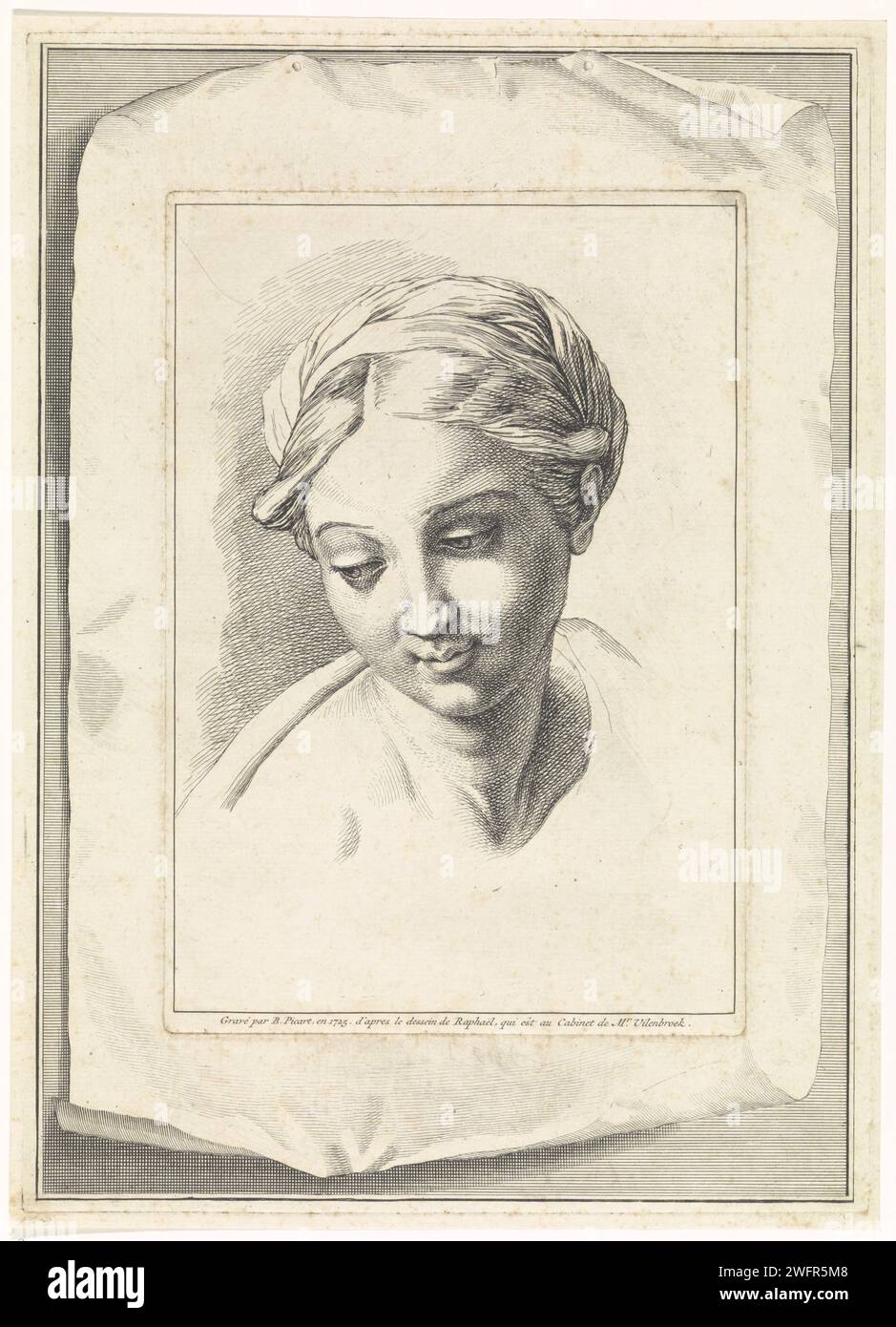 Study of a women's head, eyes struck, Bernard Picart, After Rafaël, 1725 print Study of a women's head, the eyes knocked down. The print has a frame that makes it look like the head is depicted on a canvas. Amsterdam paper etching head (human) - AA - female human figure Stock Photo