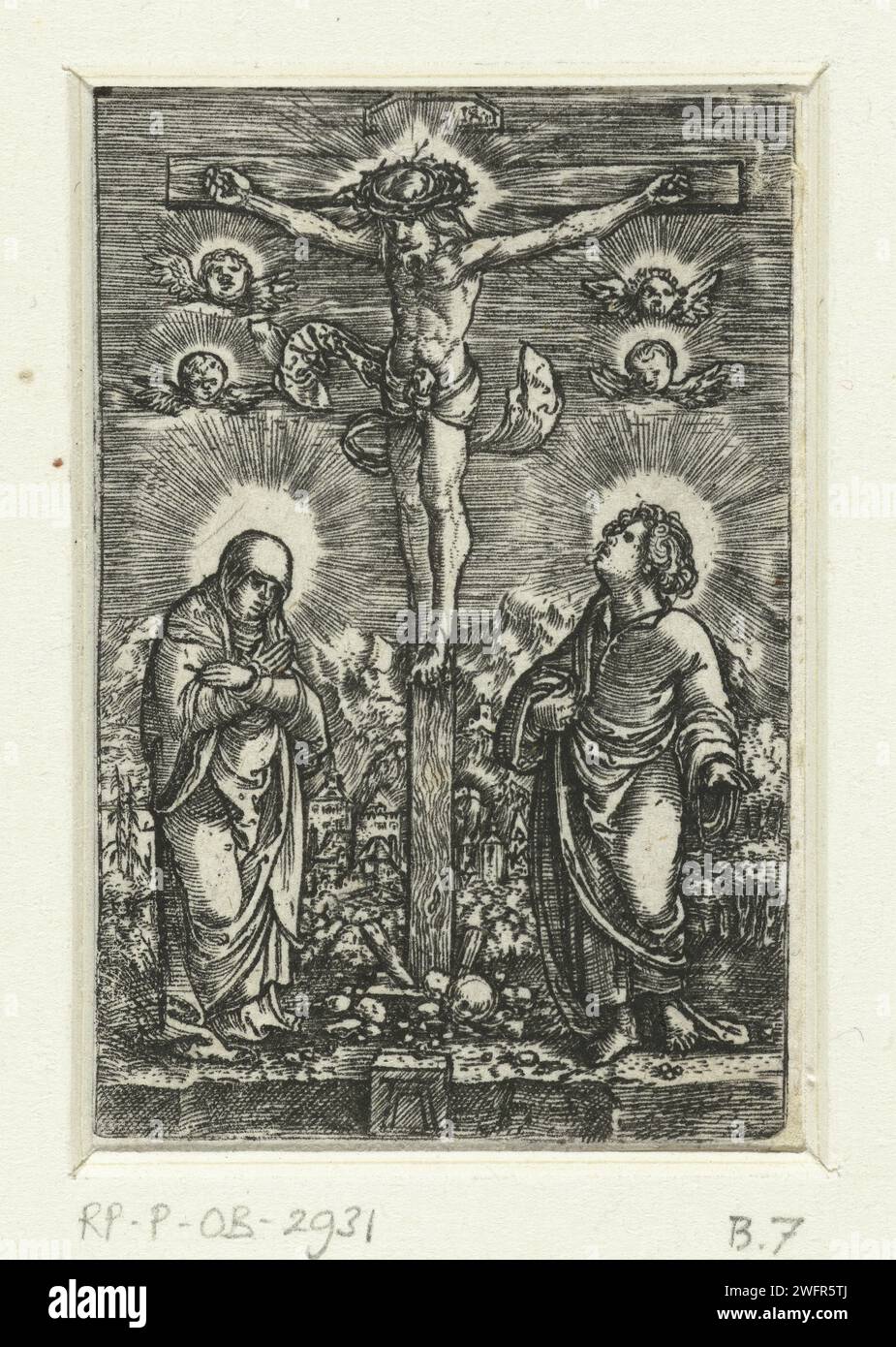 Christ on the cross between Maria and Johannes, Albrecht Altdorfer, c. 1506 - 1538 print Christ on the cross, with Mary on the right of Him and on the left John. Four Cherubin in the air. Germany paper engraving crucified Christ with Mary and John on either side of the cross; Holy Rood Stock Photo