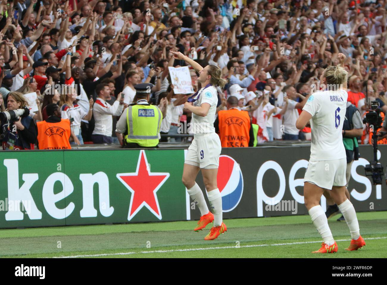 Ellen White and Millie Bright interact with crowd celebrating UEFA Women's Euro Final 2022 England v Germany at Wembley Stadium, London 31 July 2022 Stock Photo