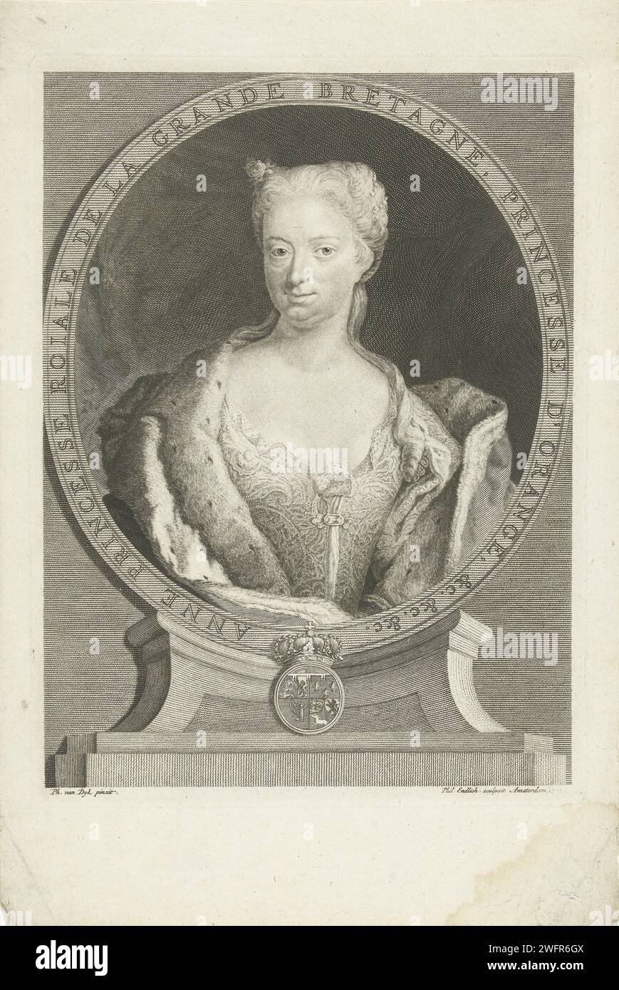 PortraT van Anna van Hannover, Philippus Finally, after Philip van Dijk, 1731 - 1748 print Portrait of Anna van Hannover (1709-1759), wife of William IV of Oranje-Nassau. Displayed in oval accompaniment with French text. Under the list the Royal Coat of Arms of England. print maker: Amsterdamafter painting by: Netherlands paper engraving Stock Photo