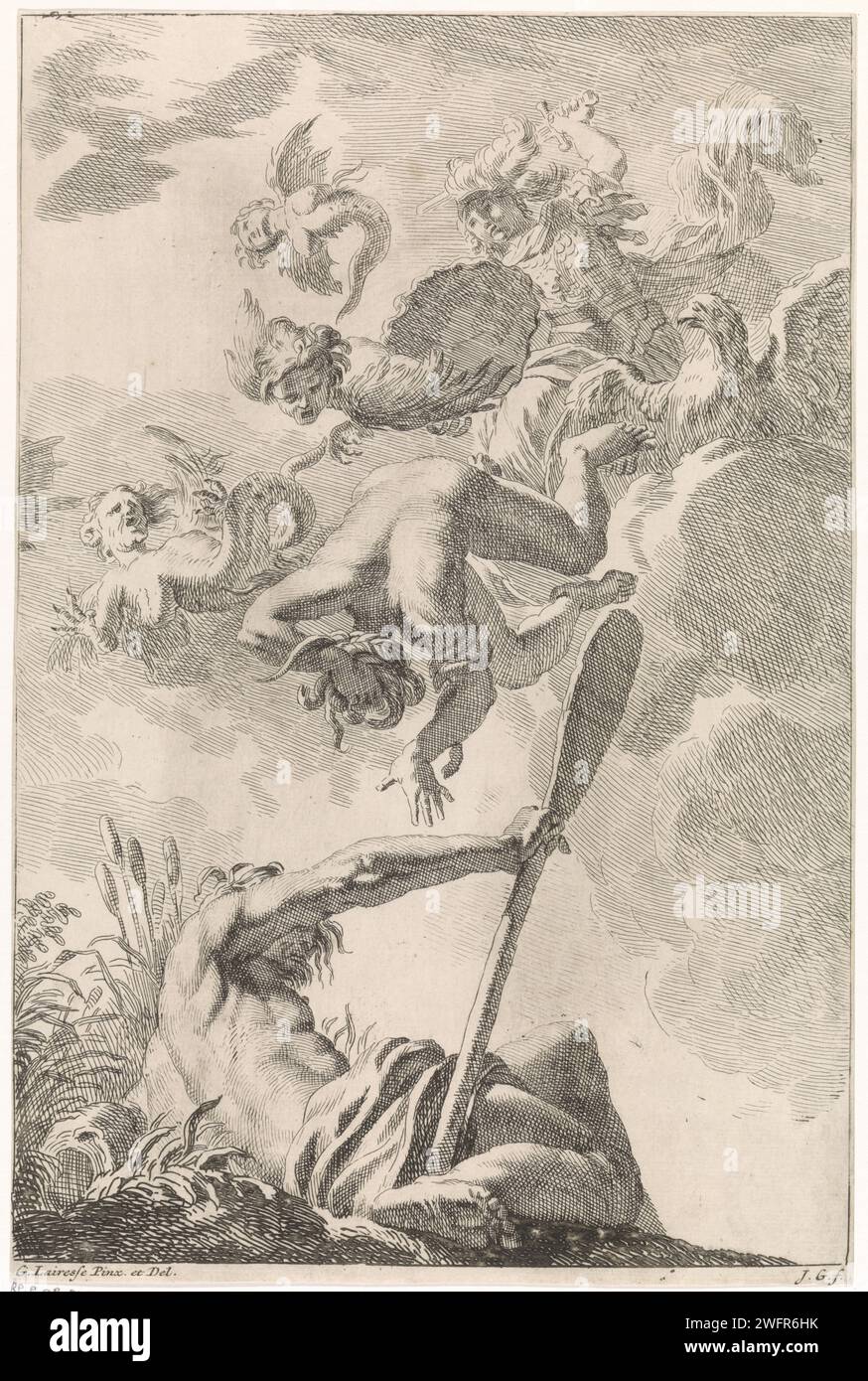 Minerva shifts envy: an allegory by certainty, Johannes Glaber, after Gerard de Lairesse, 1672 - 1726 print The goddess Minerva shifts three harpes and the personification of envy from heaven. In the foreground the personification of the river Amstel. The print is to a ceiling painting by Gerard de Lairesse and is part of a series with Biblical, mythological and allegorical representations. print maker: unknownpublisher: Amsterdam paper etching (story of) Minerva (Pallas, Athena). Envy; 'Invidia' (Ripa)  personification of one of the Seven Deadly Sins. river personified, 'Fiumi' (Ripa). Harpi Stock Photo