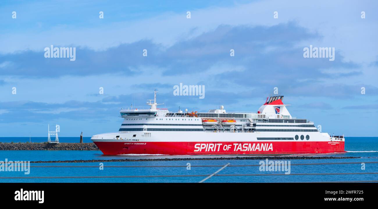 The 'Spirit of Tasmania' ship on the Bass Strait entering the Mersey River in Devonport, Tasmania, Australia. Stock Photo
