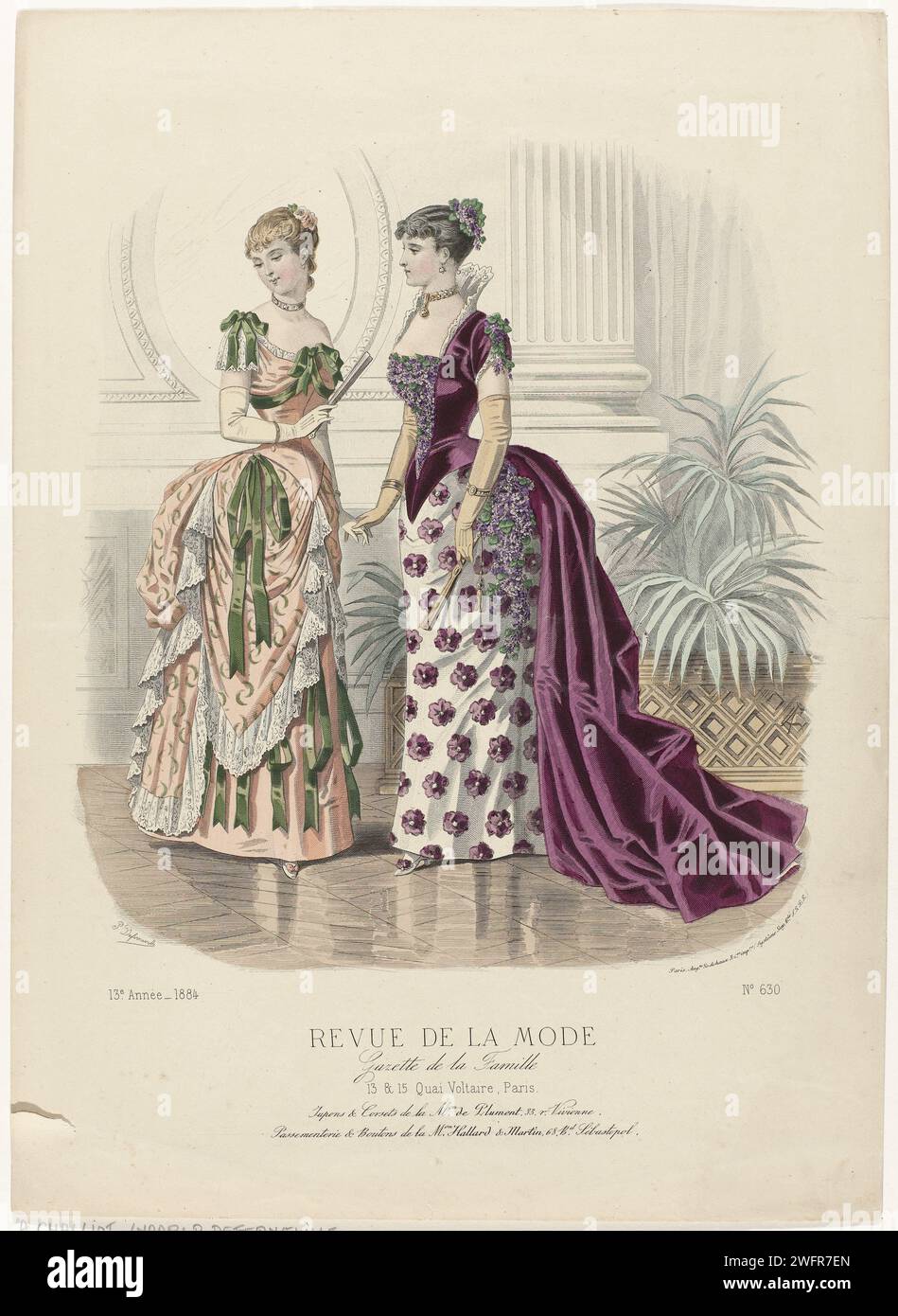 Fashion review, family gazette, January 24, 1884, 13th year, no. 630: petticoats & corsets (...), A. Chaillot, after P. Deferneville, 1884  Two women in an interior. Left: dress of plain light pink silk and 'brocatelle' decorated with white lace and green ribbons. Long gloves of light suede. Right: dress of white brochure satin and wine red (claret) velvet or satin decorated with purple flowers. Under the performance some lines of advertising text for different products. Print from the fashion magazine Revue de La Mode (1872-1913). Detailed description of the clothing on page 27 'planche color Stock Photo