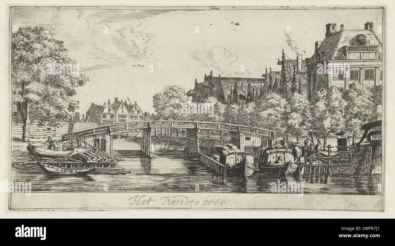 Het Veer to Naarden, Reinier Nooms, 1657 - 1662 print Bridge over the Leprozengracht on the corner with the Amstel, where nowadays is Waterlooplein. From the quay people step on the ferry to Naarden. Netherlands paper etching city-view in general; 'veduta'. ferry Amsterdam Stock Photo