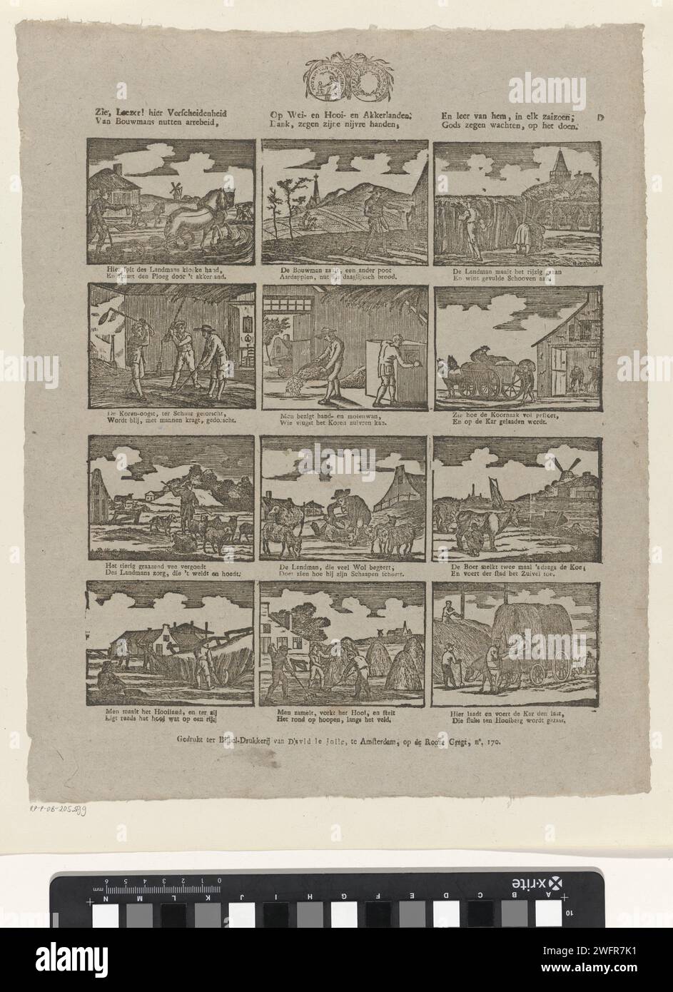 See, Leezer! Here diversity / Van Bouwmans Nutten Arreceid, [(...)], 1814 - c. 1820 print Leaf with 12 performances of the work of the farmer in agriculture and animal husbandry. In the middle of the seal of society for the use of general. Under each image a two -way verse. Numbered at the top right: D. print maker: Netherlandspublisher: Amsterdam paper letterpress printing agriculture, cattle-breeding, horticulture, flowerculture, etc.. farmers Stock Photo