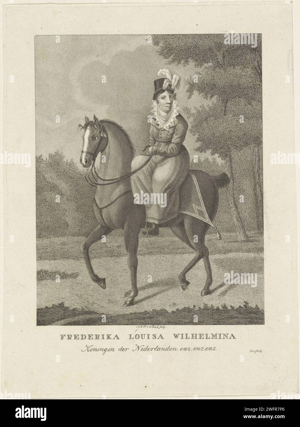 Equestrian portrait of Wilhelmina van Pruisen, Antonie and Pieter van der Beek, 1815 - 1821 print Equestrian portrait of Wilhelmina. In the lower margin her name and titles. 'Proef pressure. Amsterdam paper engraving / etching Stock Photo