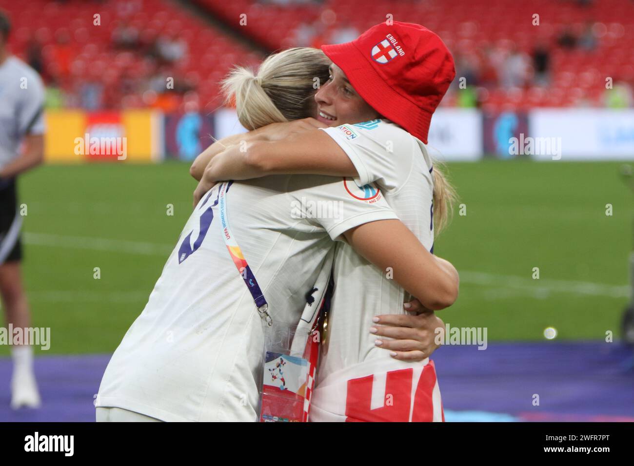 Alessia Russo and Ella Toone hug after winning UEFA Women's Euro Final 2022 England v Germany at Wembley Stadium, London 31 July 2022 Stock Photo